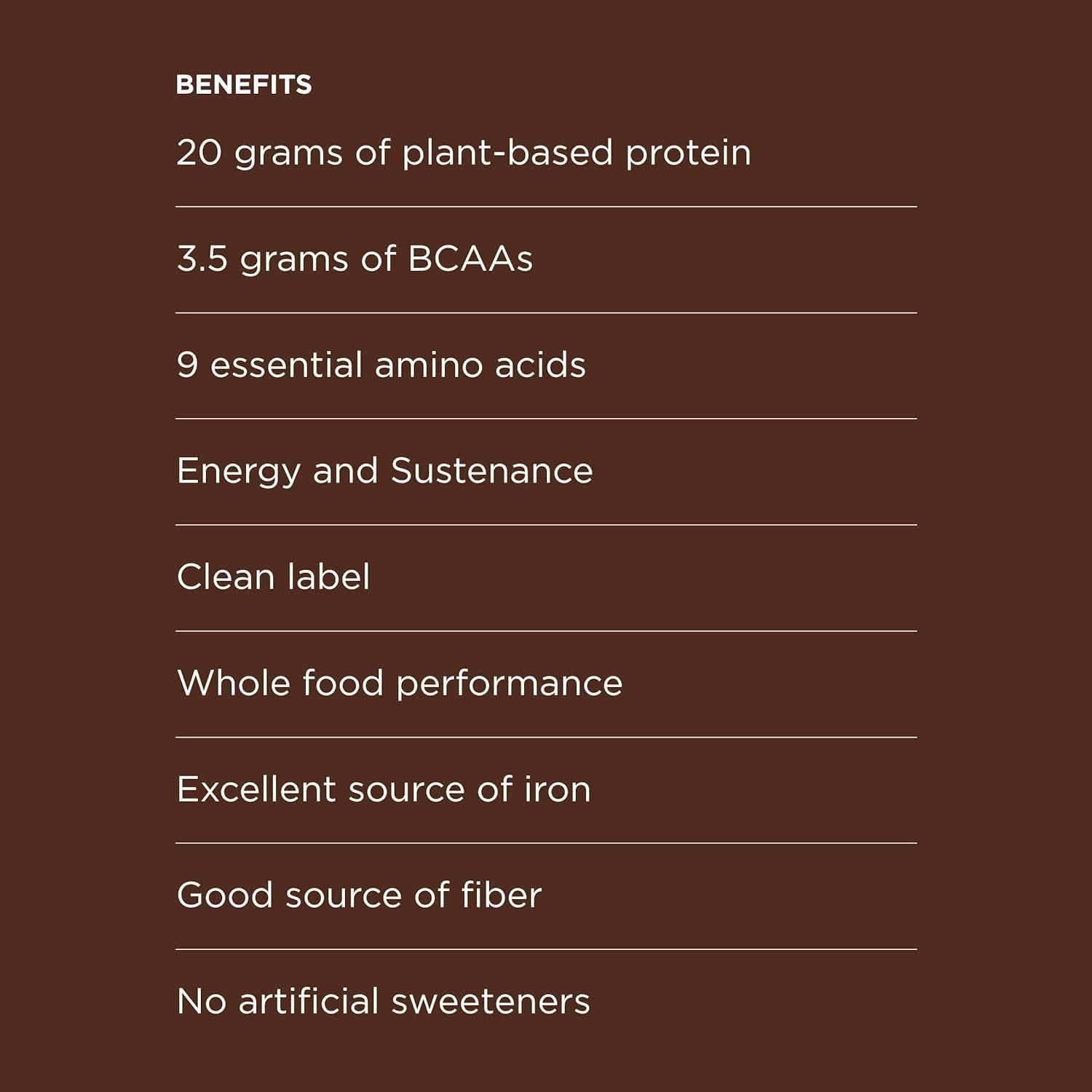 List of benefits for Possible Chocolate Cacao Protein Powder, highlighting 20 grams of plant-based protein, BCAAs, and clean ingredients.