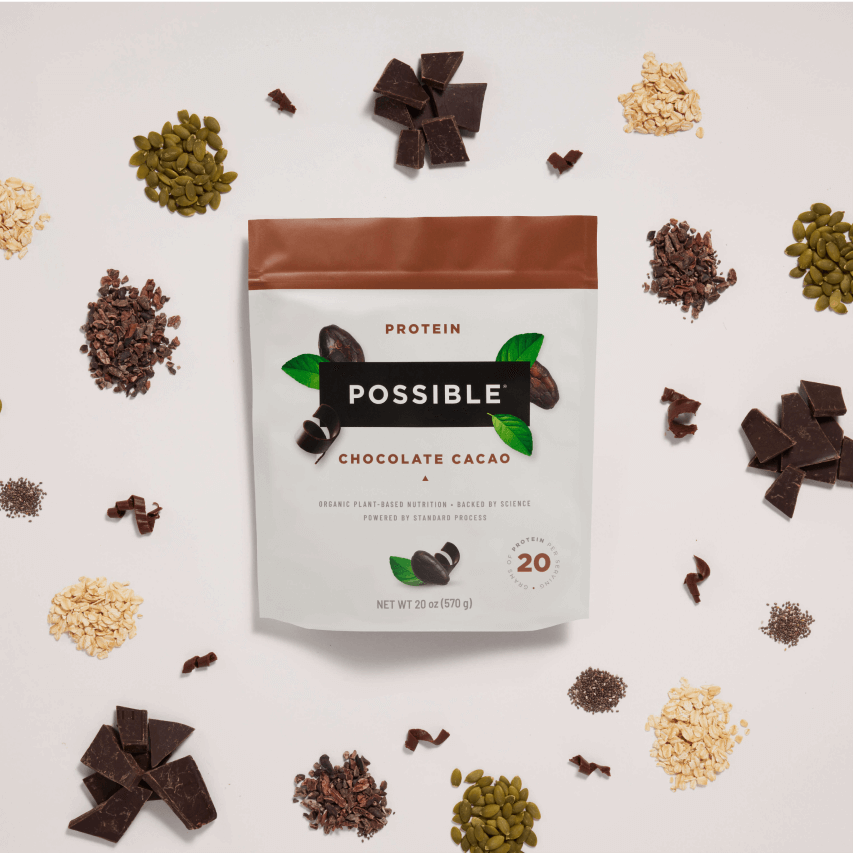 Single pouch of Possible Chocolate Cacao Protein Powder with a premium design emphasizing plant-based nutrition.