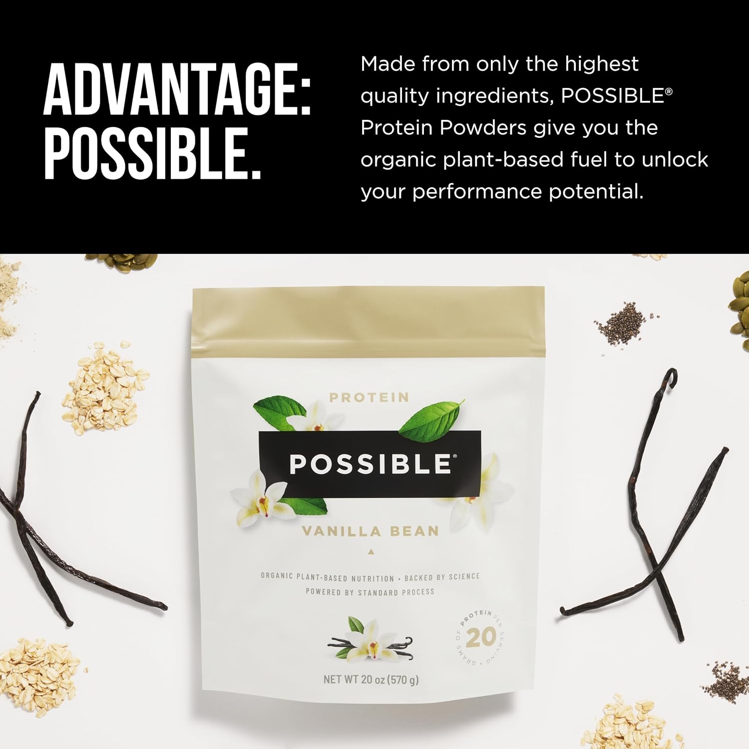 Marketing banner for Possible Vanilla Bean Protein Powder, highlighting clean ingredients, performance benefits, and plant-based protein.