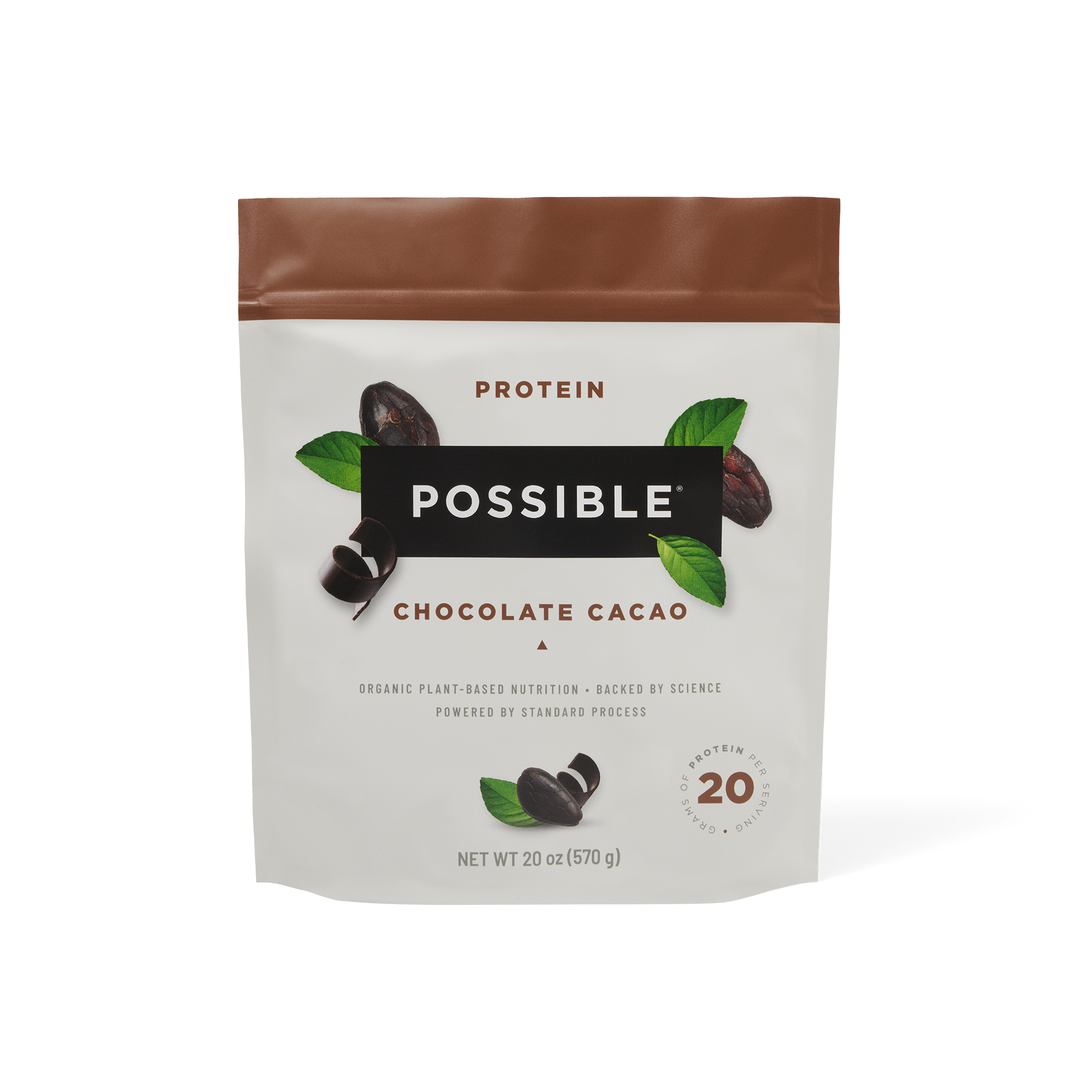 Single pouch of Possible Chocolate Cacao Protein Powder with a premium design emphasizing plant-based nutrition.