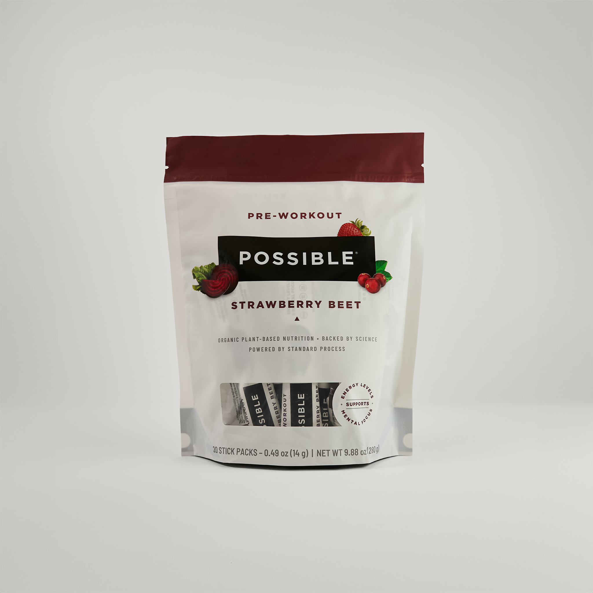 POSSIBLE Pre-Workout Strawberry Beet resealable pouch powdered supplement.
