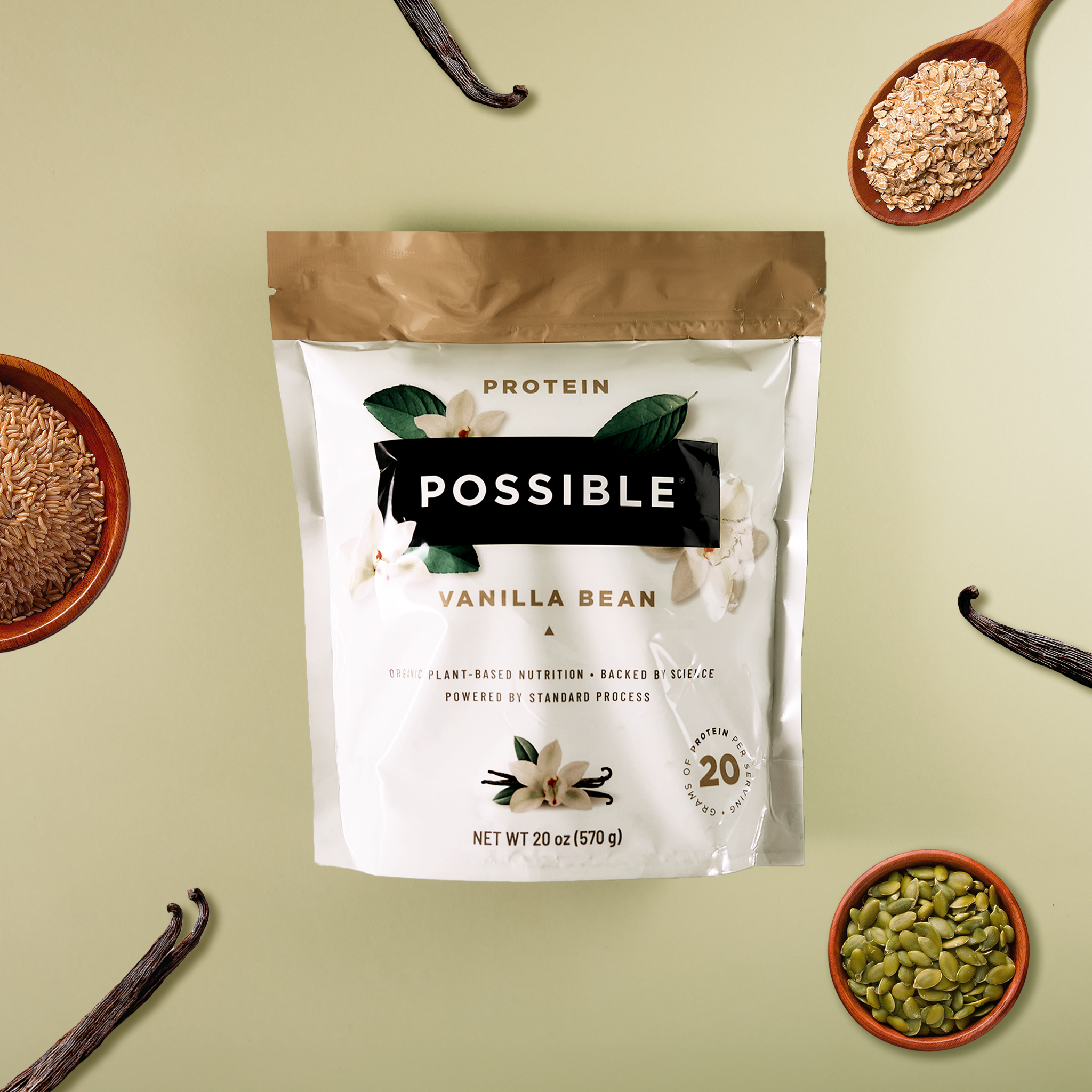 Protein powder package with vanilla bean flavor on a light green background