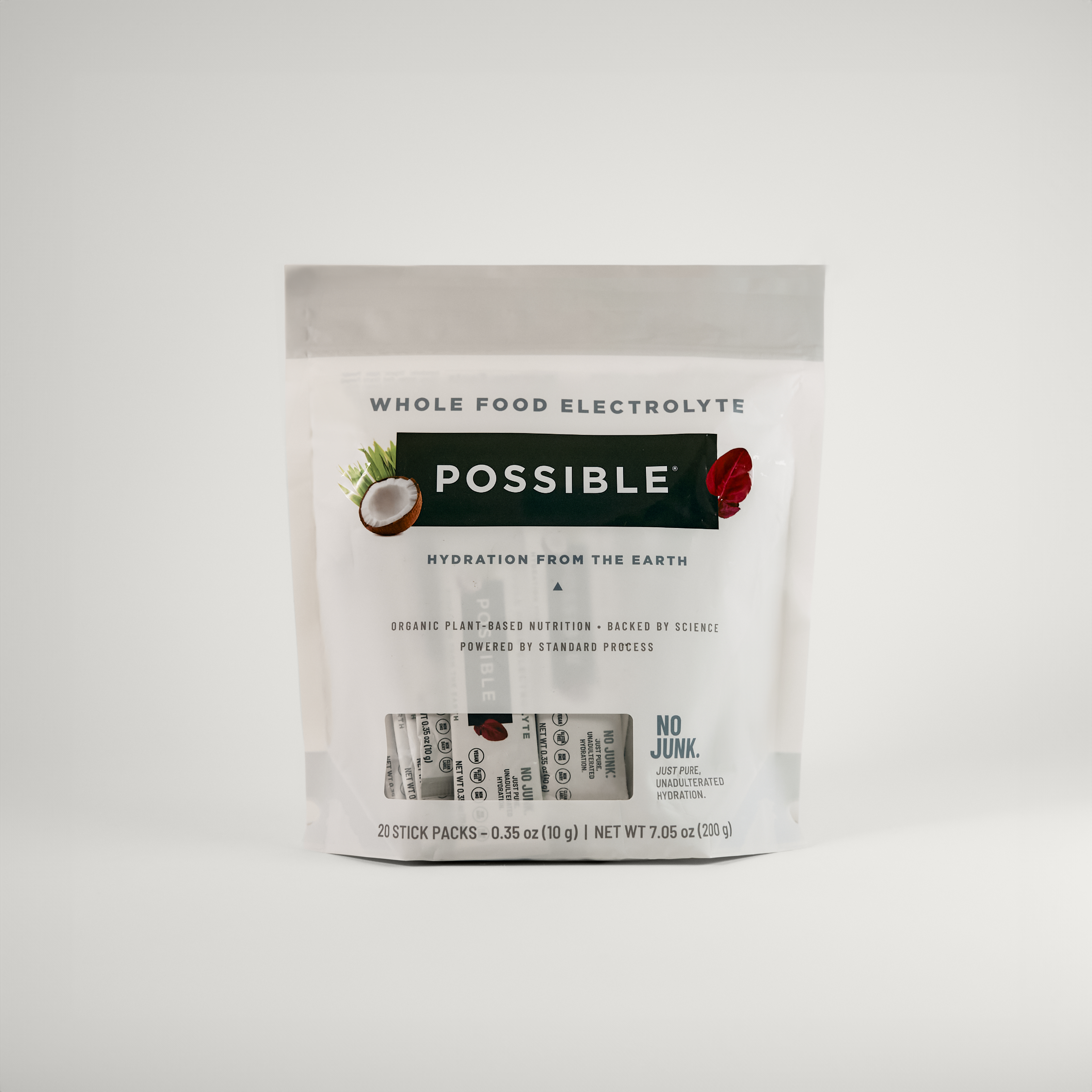 Product image showing a Possible Whole Food Electrolyte pouch placed in front, on a white background. Ideal for promoting portable hydration and whole food ingredients