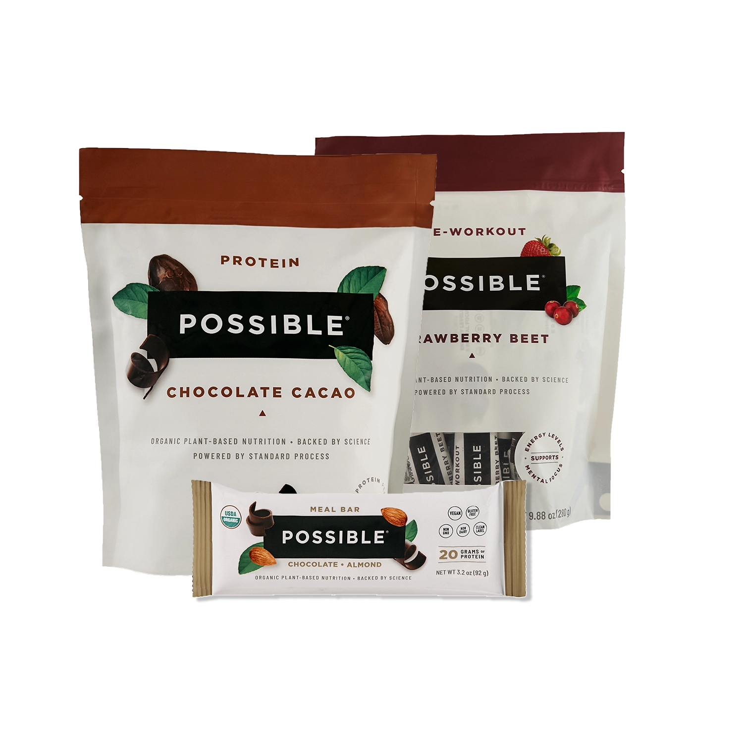Possible brand protein bars and meal replacement shake on a white background