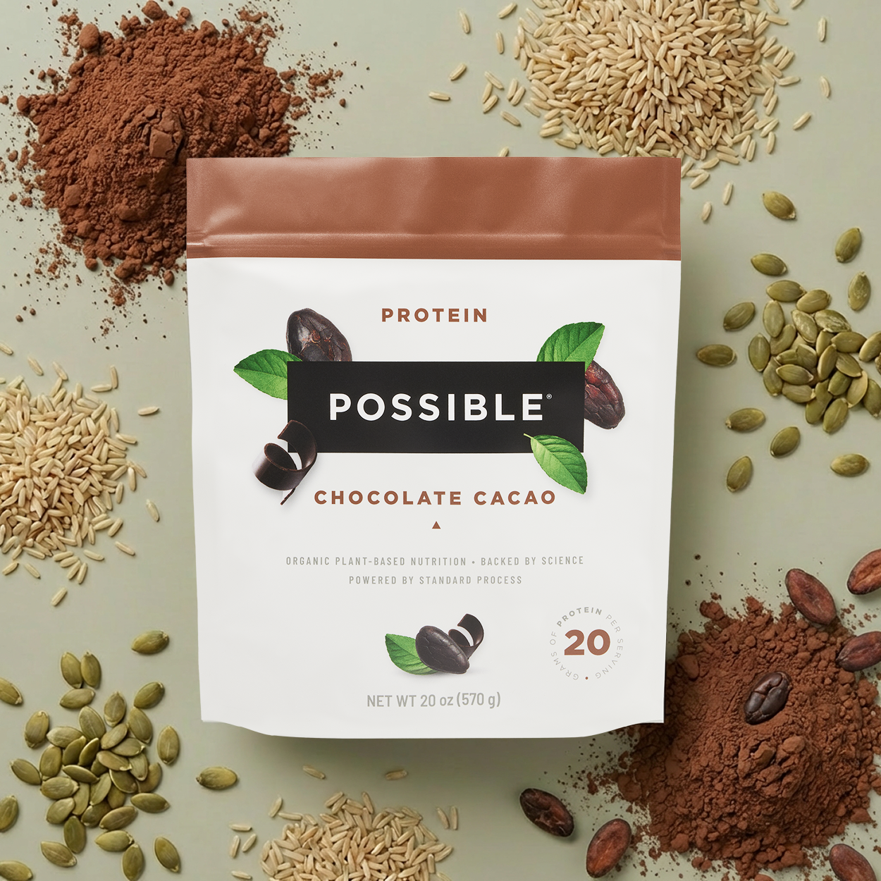 Possible brand protein powder package with chocolate cacao flavor surrounded by ingredients on a light green background
