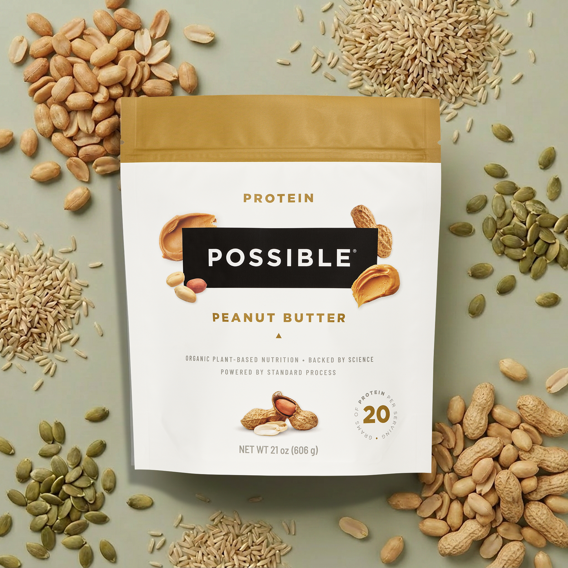 Possible brand protein powder package surrounded by ingredients on a light background