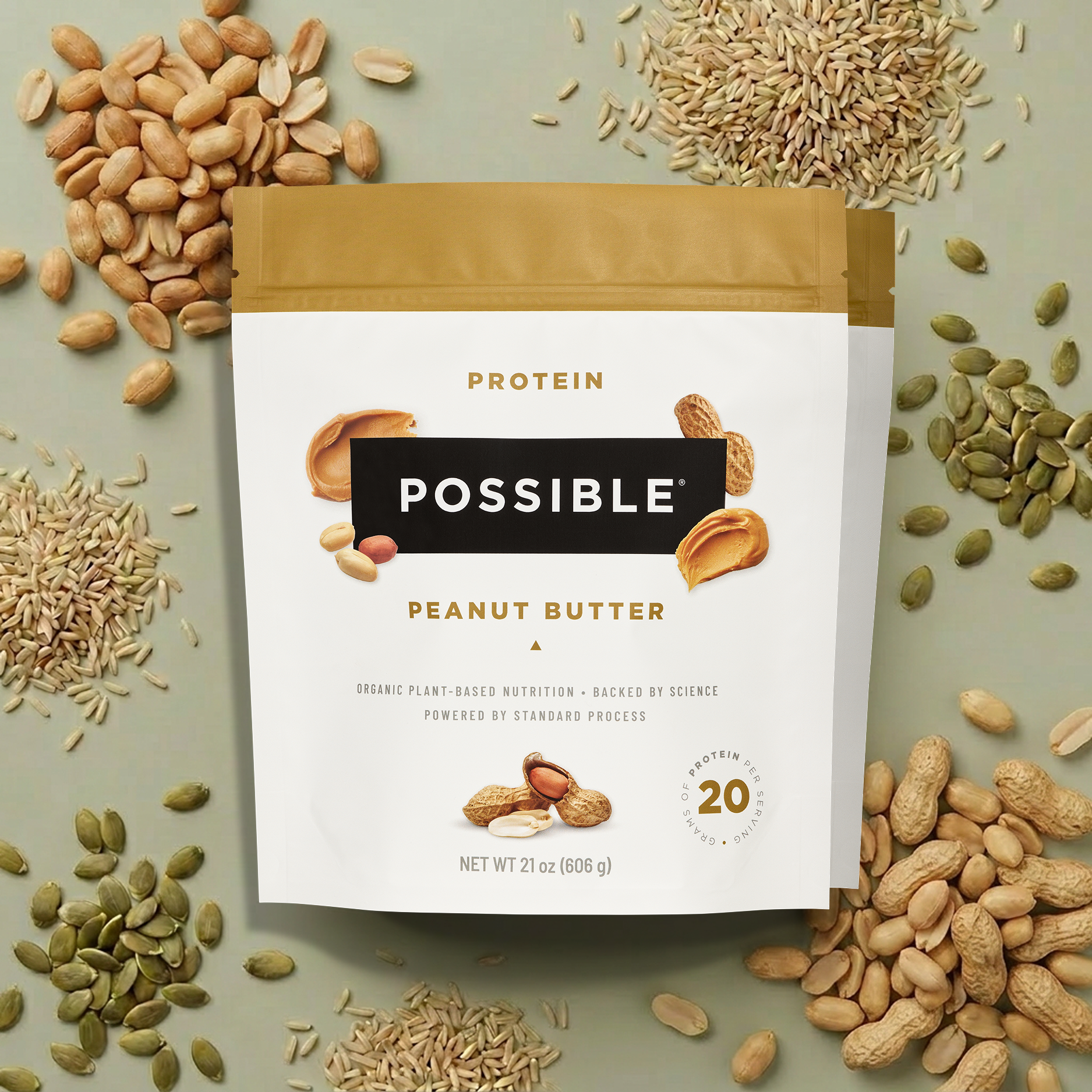 Possible brand protein powder package surrounded by ingredients on a light background