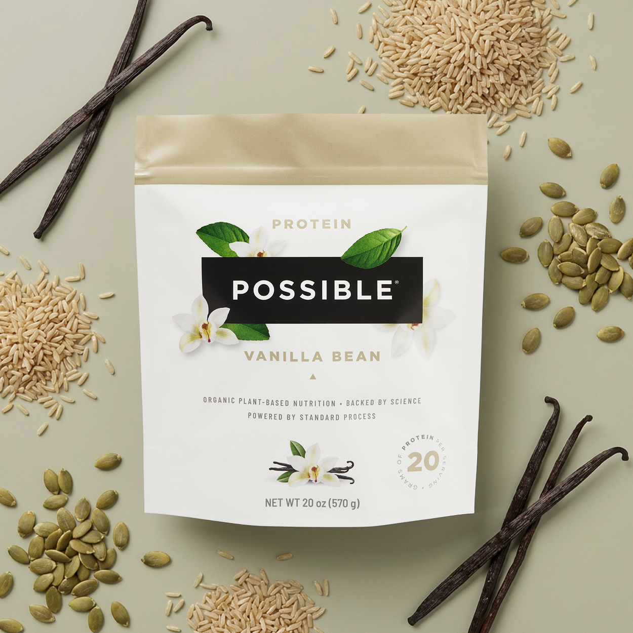 Protein package labeled 'Possible' with vanilla beans and seeds on a light background
