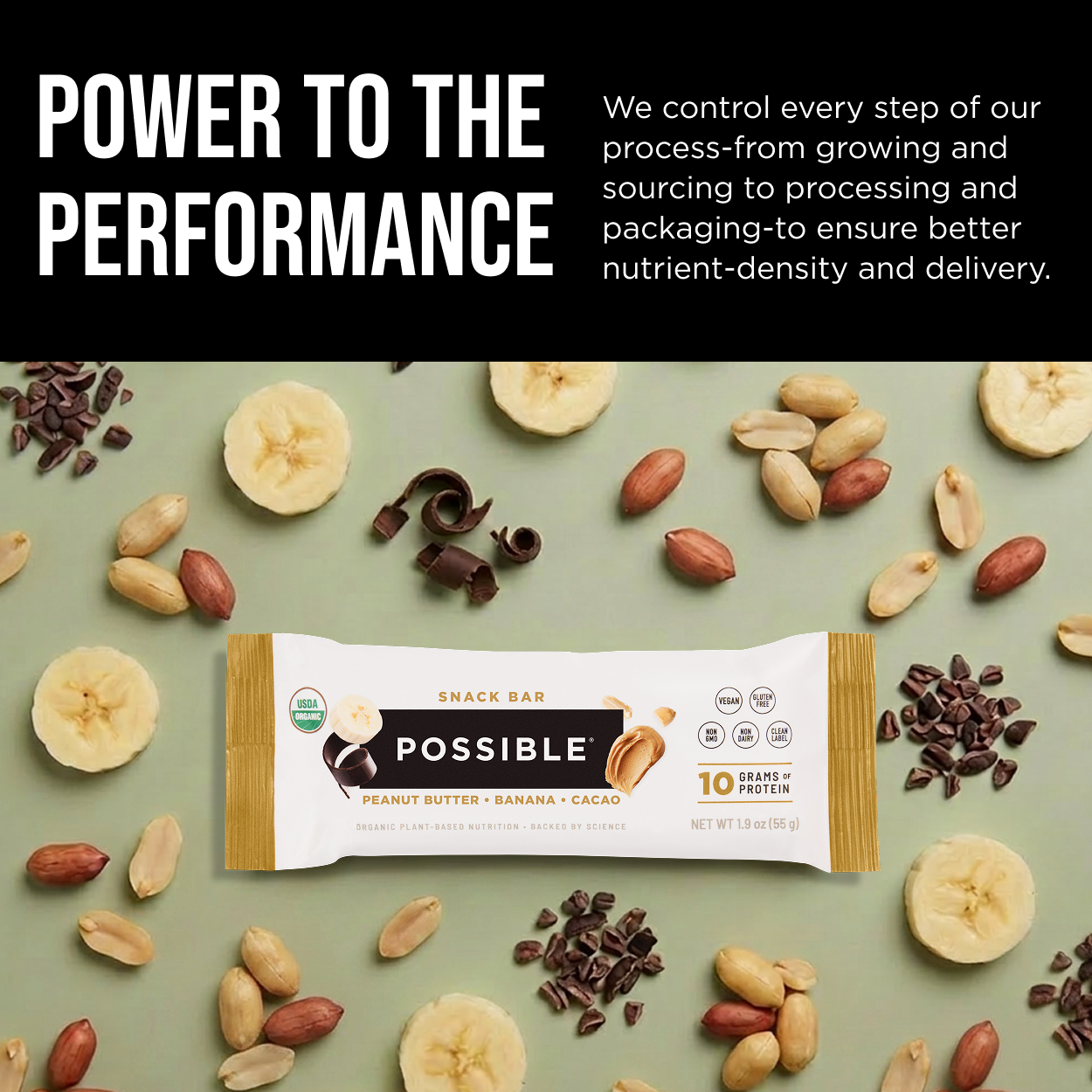POSSIBLE Peanut Butter Banana Cocoa Snack Bar displayed with whole food ingredients, including organic peanuts, bananas, and cocoa nibs, emphasizing natural plant-based nutrition.