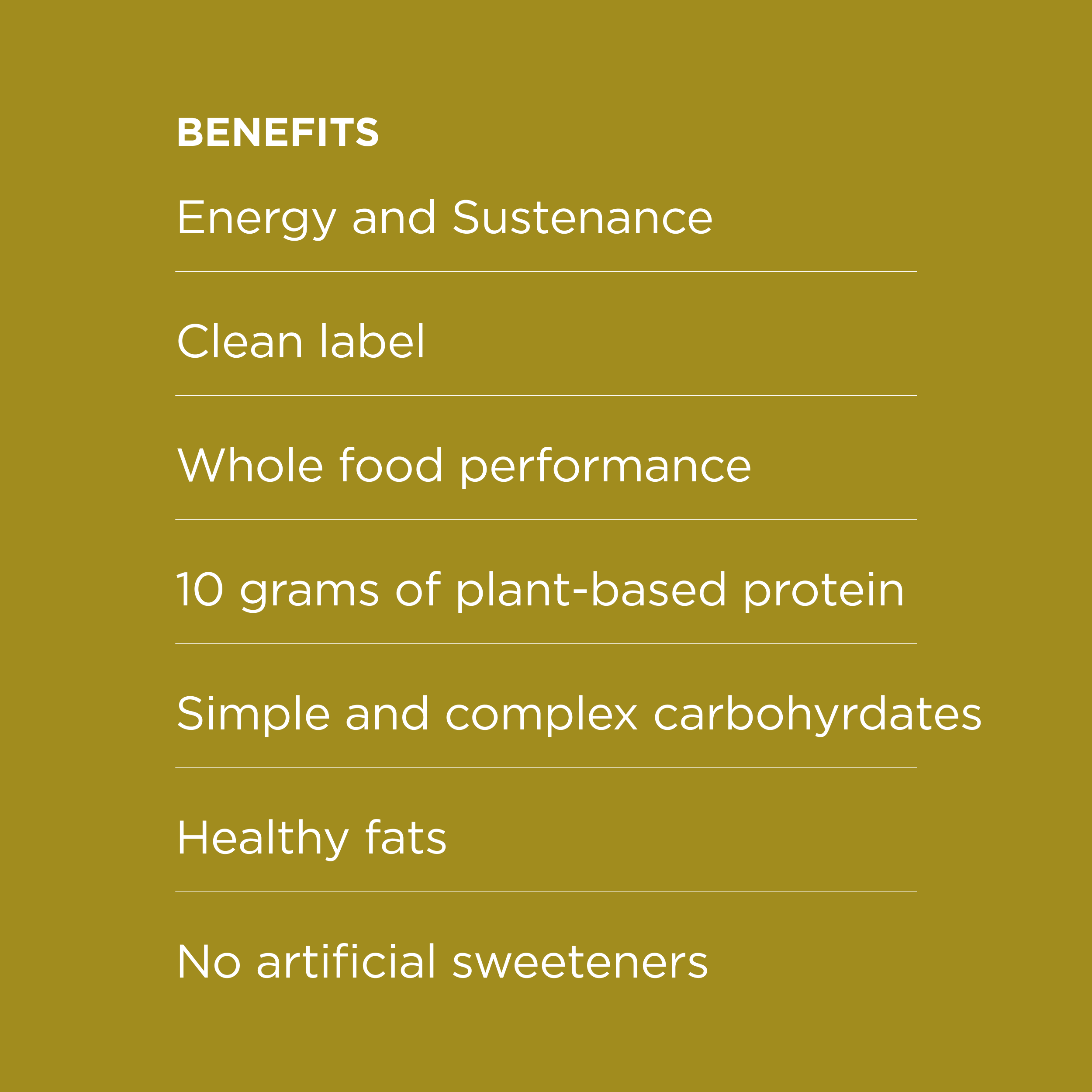 POSSIBLE Peanut Butter Banana Cacao Snack Bar benefits: 10g plant-based protein, energy and sustenance, whole food ingredients, clean label, and no artificial sweeteners.