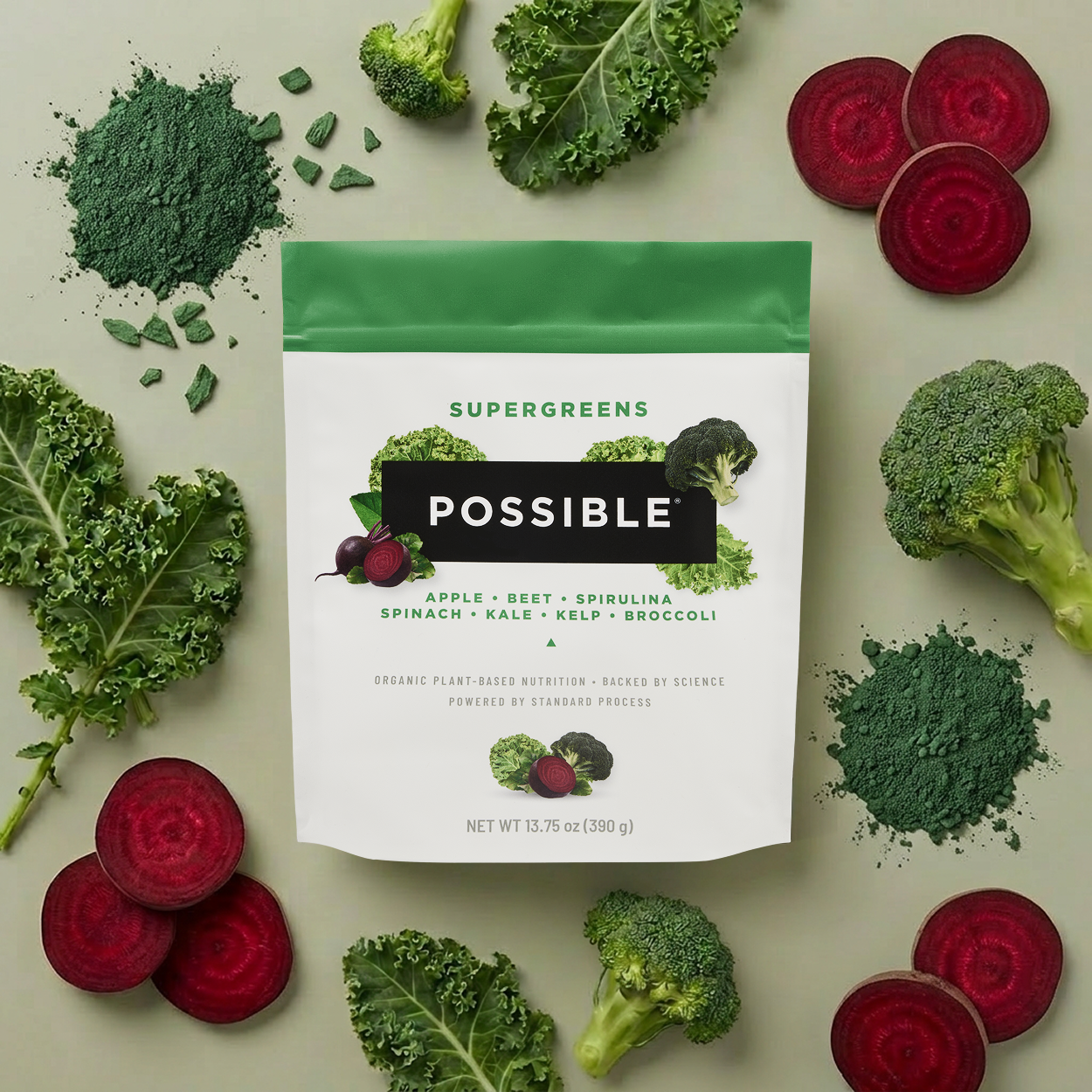 Supergreens package with vegetables on a light background