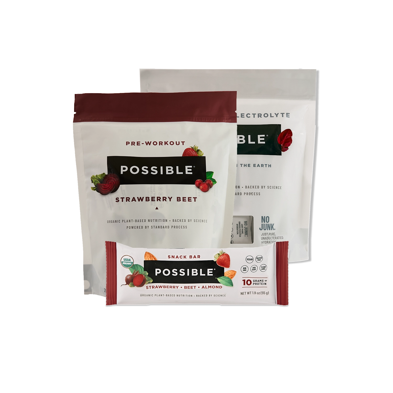 POSSIBLE Beet pre-workout pouch, SuperGreens pouch, and snack bar
