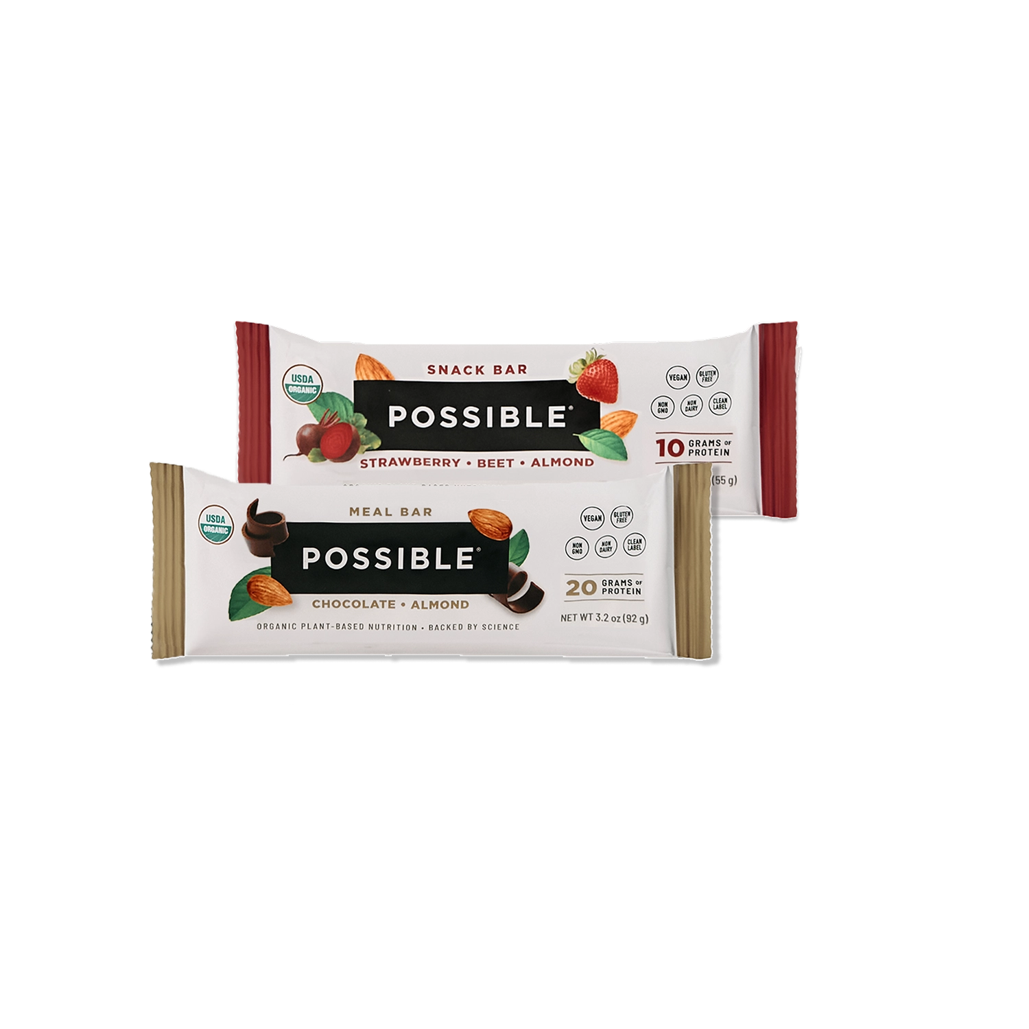 POSSIBLE Chocolate-almond meal bar and Strawberry Beet Almond snack ba