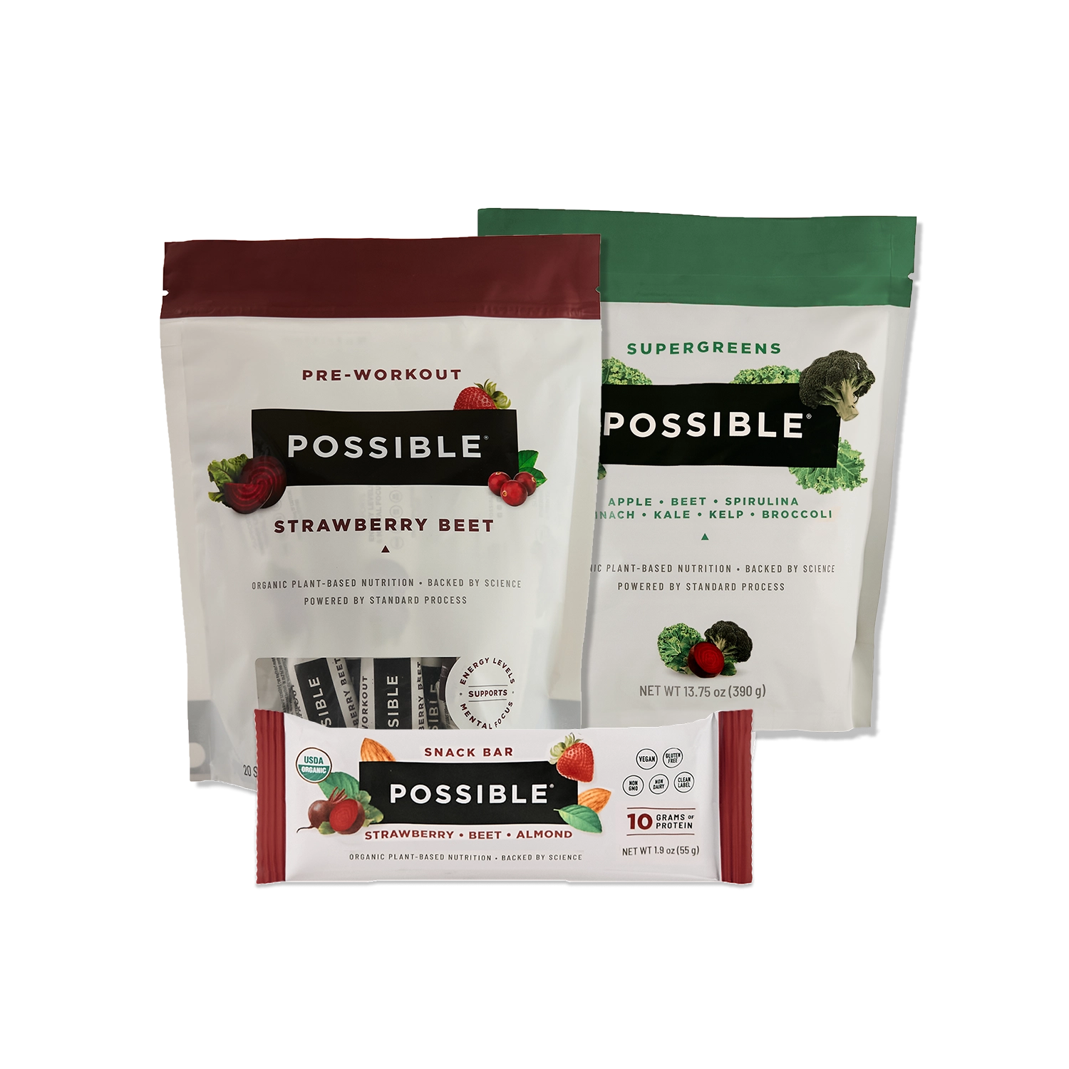OSSIBLE Pre-workout pouch, SuperGreens pouch, and meal bar
