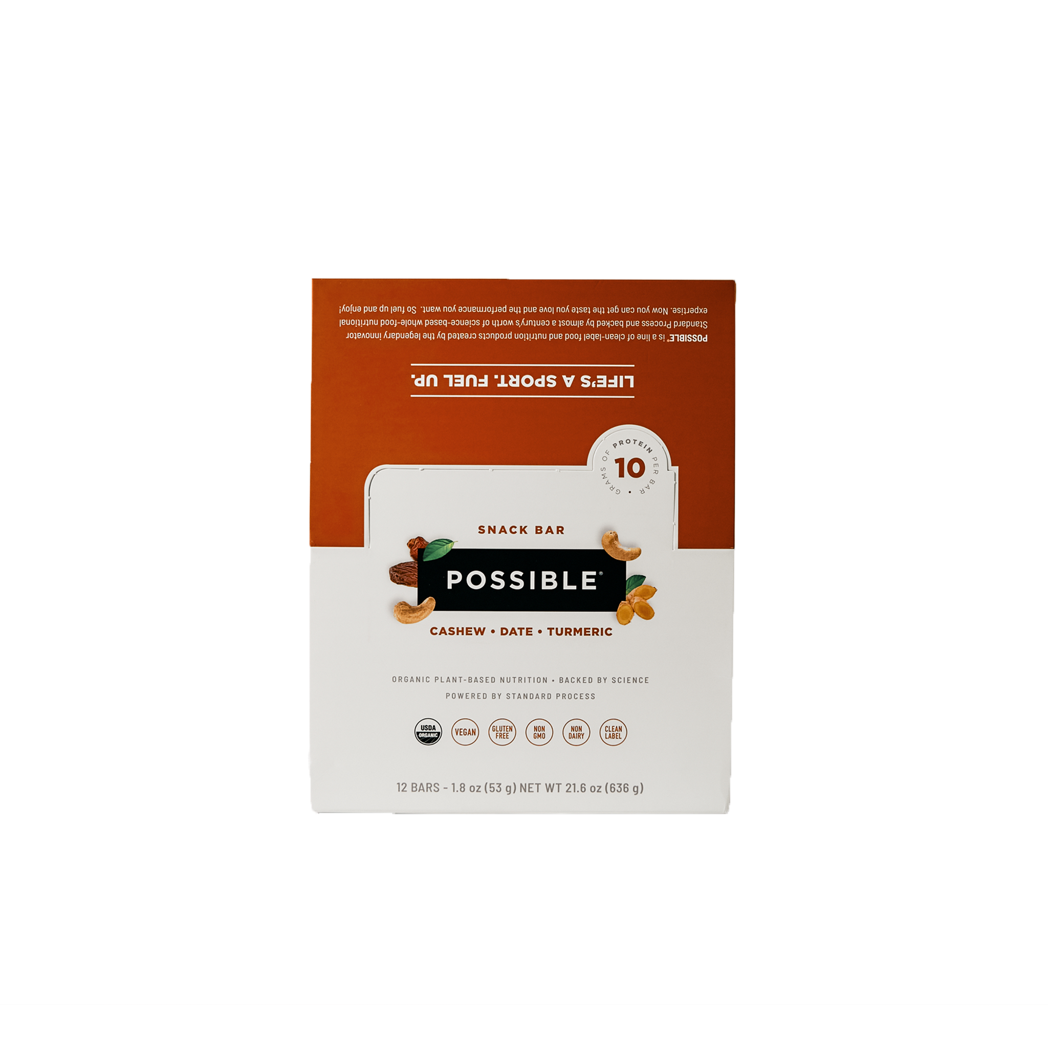 Front view of a protein bar box with branding, nutritional information, and ingredient highlights