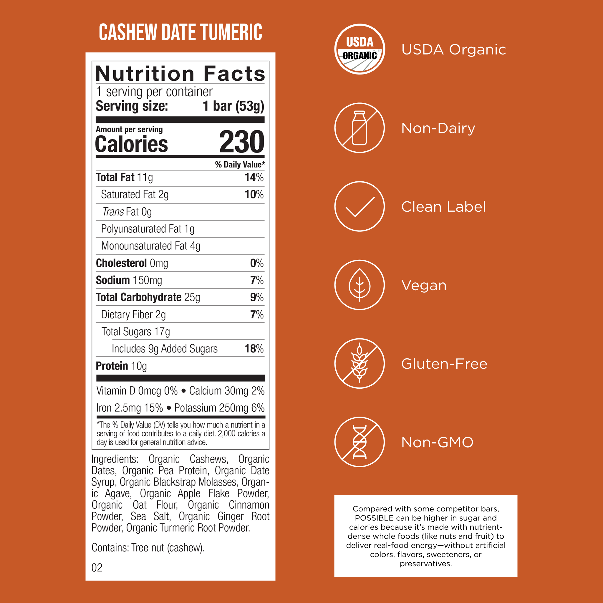 POSSIBLE Cashew Date Turmeric Snack Bar Nutrition Facts label, showing 230 calories, 10g of protein, healthy fats, and simple and complex carbohydrates.