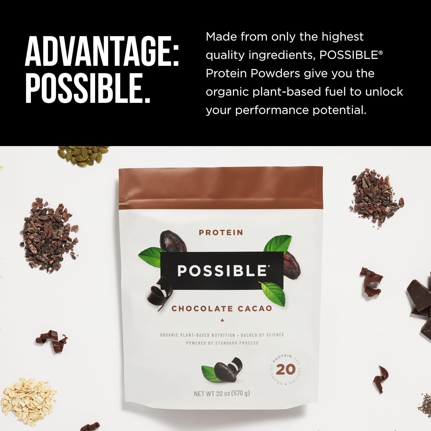 Promotional banner for Possible Chocolate Cacao Protein Powder emphasizing high-protein, plant-based ingredients, and nutritional benefits.
