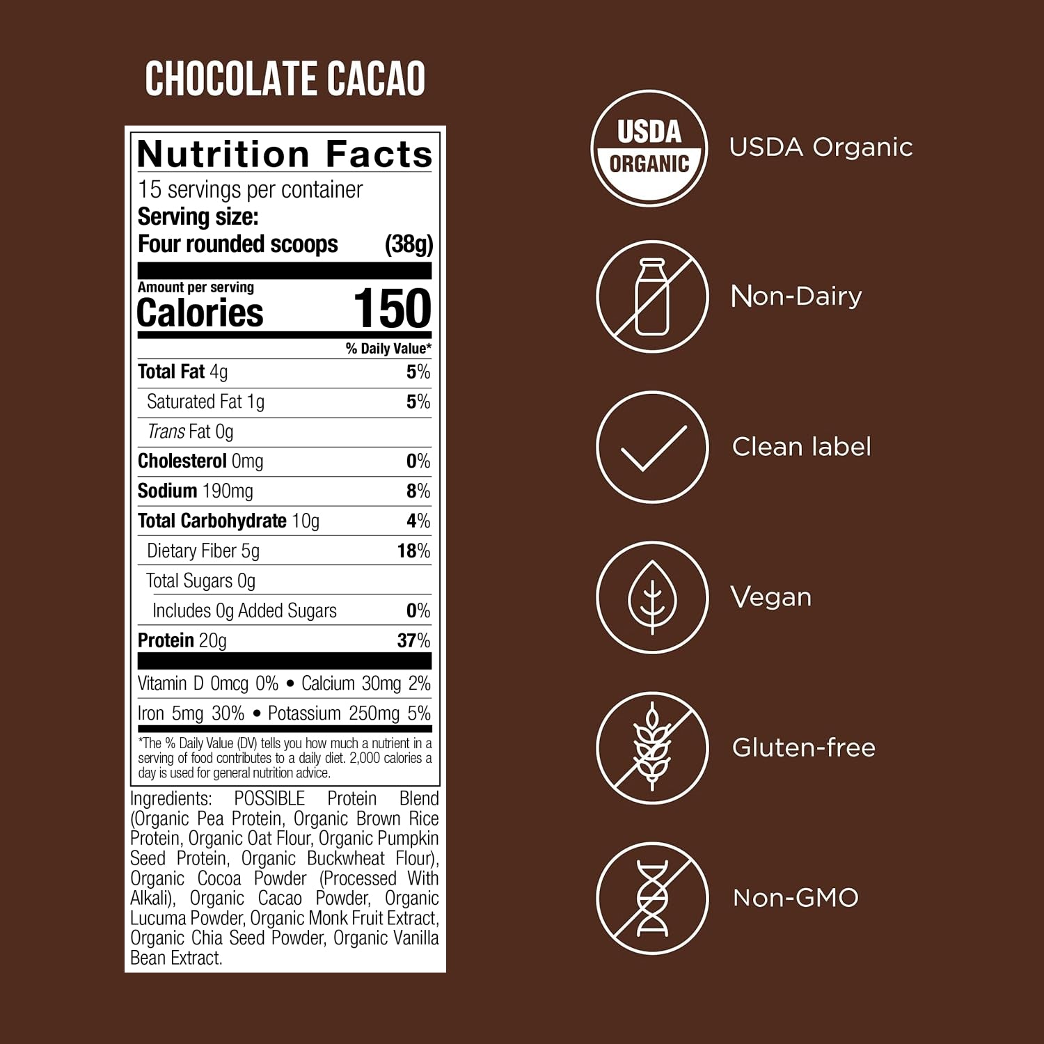 Chocolate Cacao Protein Powder nutrition facts label displaying plant-based protein content, calories, and key ingredients