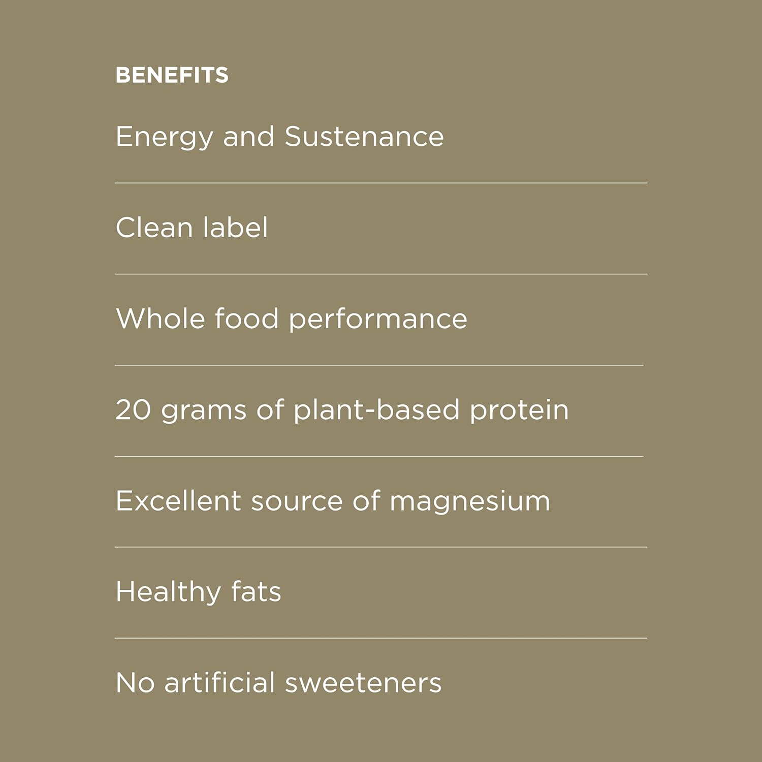 A benefits list for the POSSIBLE meal bar, emphasizing "20 grams of plant-based protein," "no artificial sweeteners," and "whole food performance" on a neutral beige background