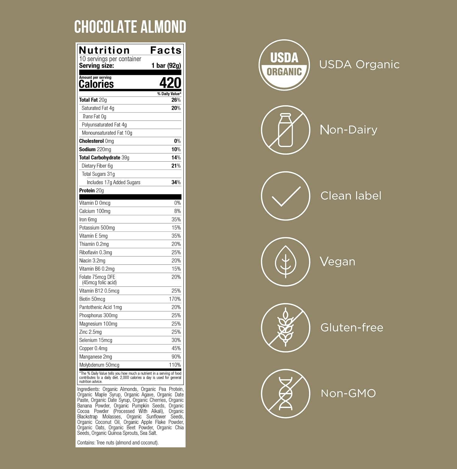 The nutrition facts and ingredients panel for the POSSIBLE meal bar, displayed on a beige background, showcasing its clean-label formulation