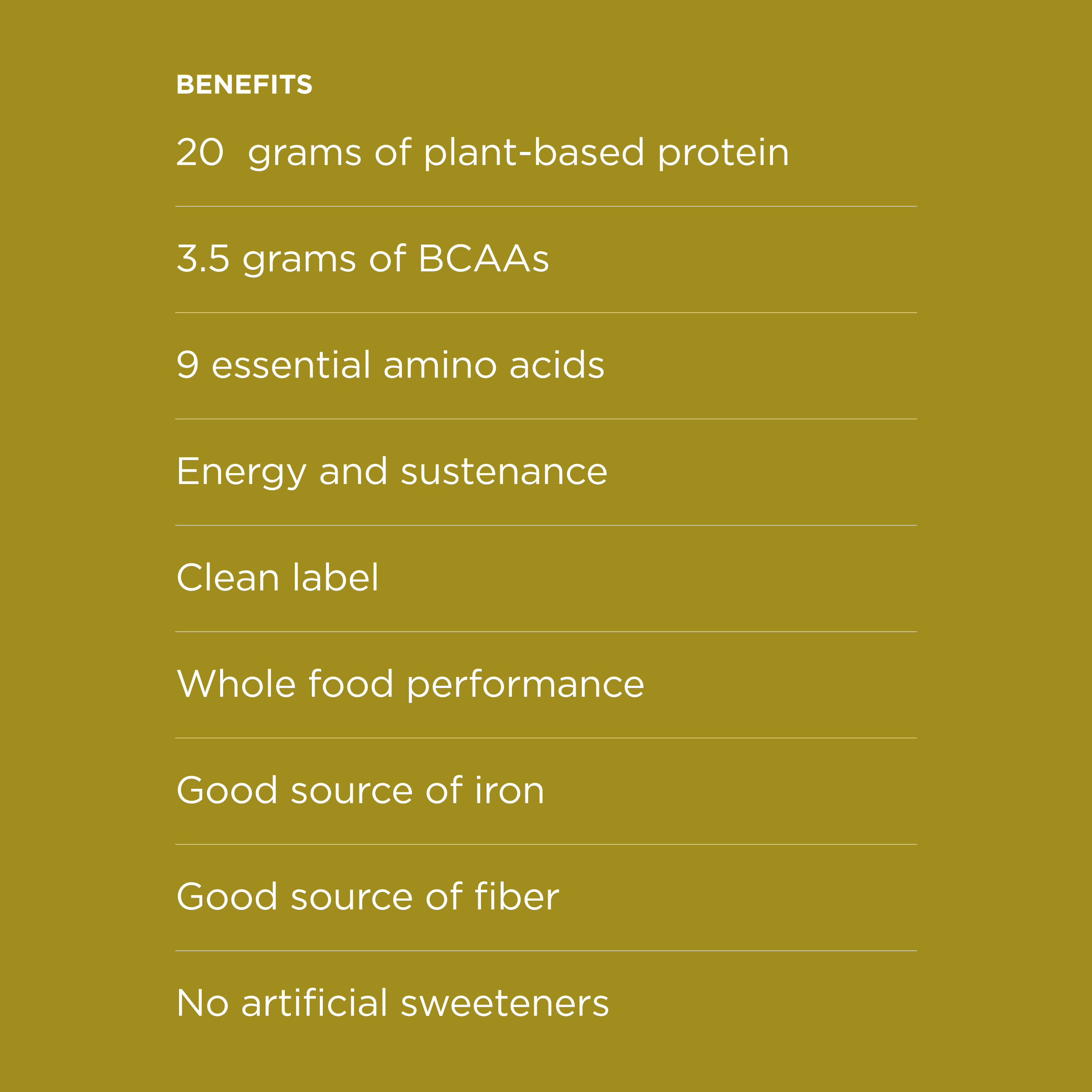 List of benefits for Possible Peanut Butter Protein Powder, highlighting 20 grams of plant-based protein, BCAAs, and clean ingredients.