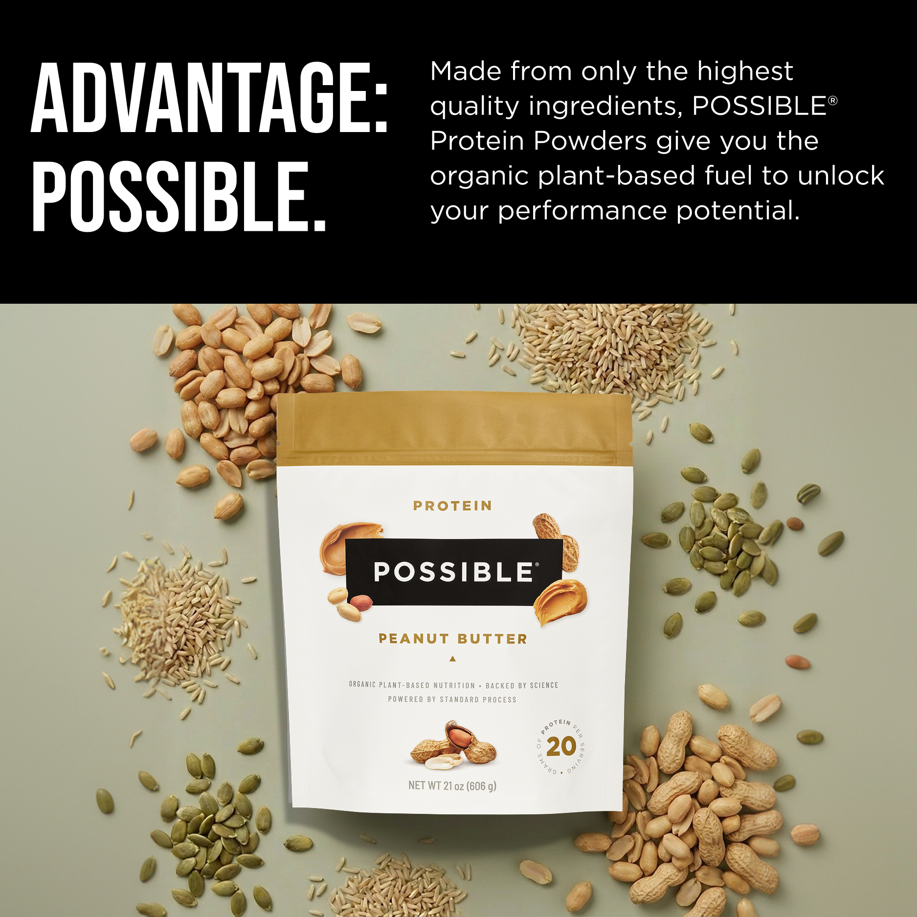 Promotional banner for Possible Peanut Butter Protein Powder emphasizing high-protein, plant-based ingredients, and nutritional benefits.