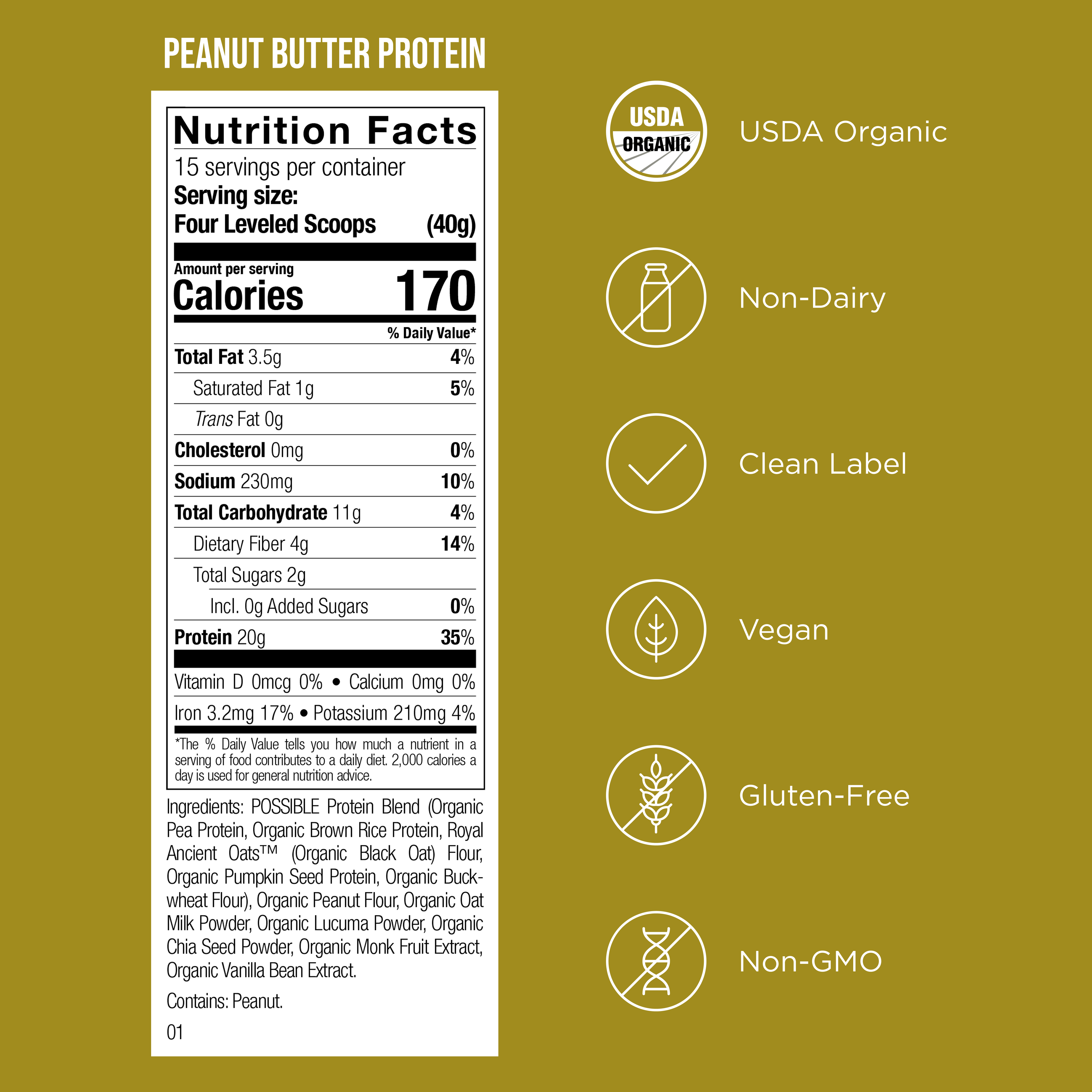 Peanut Butter Protein Powder nutrition facts label displaying plant-based protein content, calories, and key ingredients.