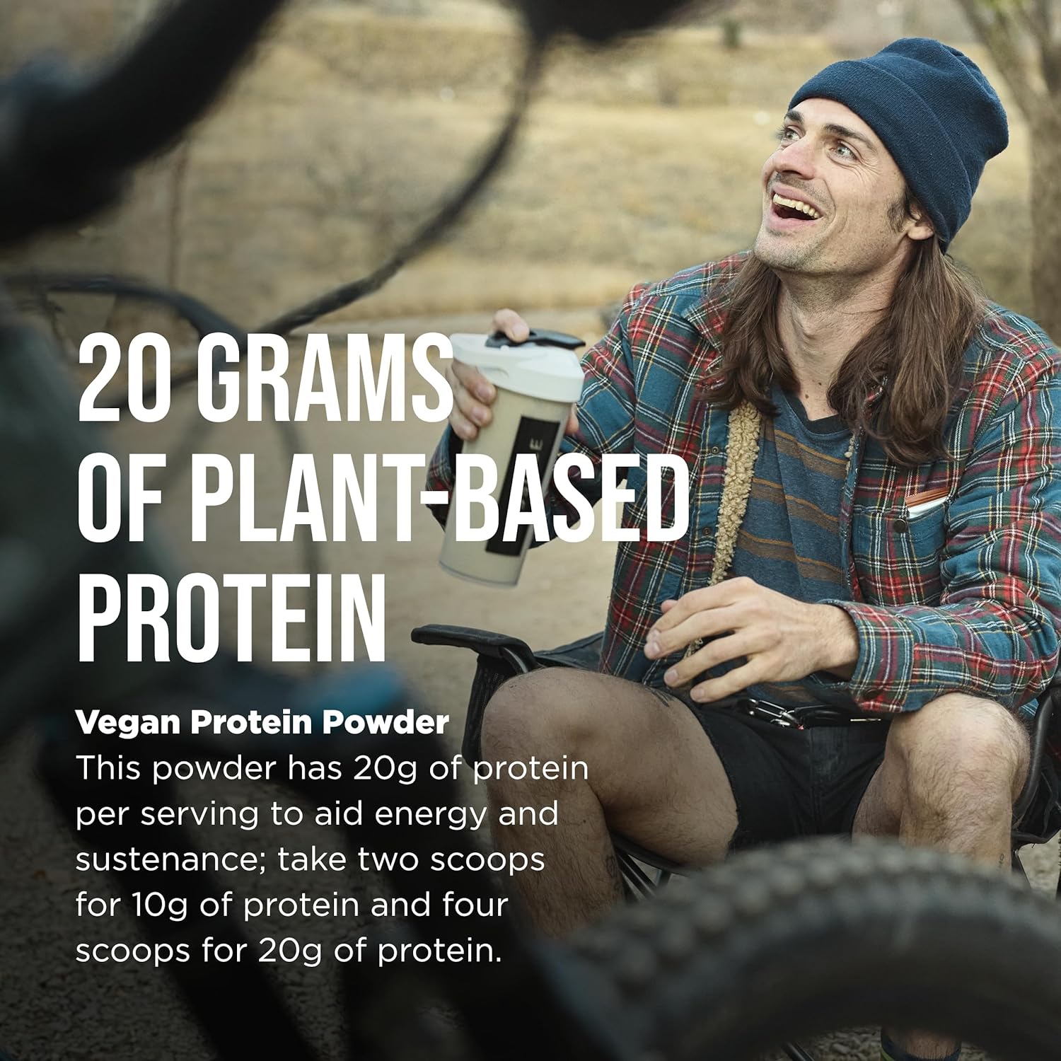 Man enjoying Possible Plant-Based Protein Powder after cycling, emphasizing its recovery benefits and high protein content.