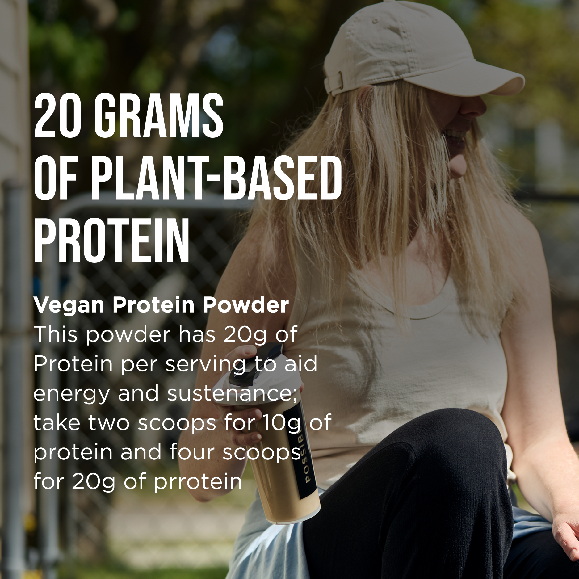 Active woman holding Possible Plant-Based Protein Powder outdoors, highlighting its nutritional benefits for fitness and health.