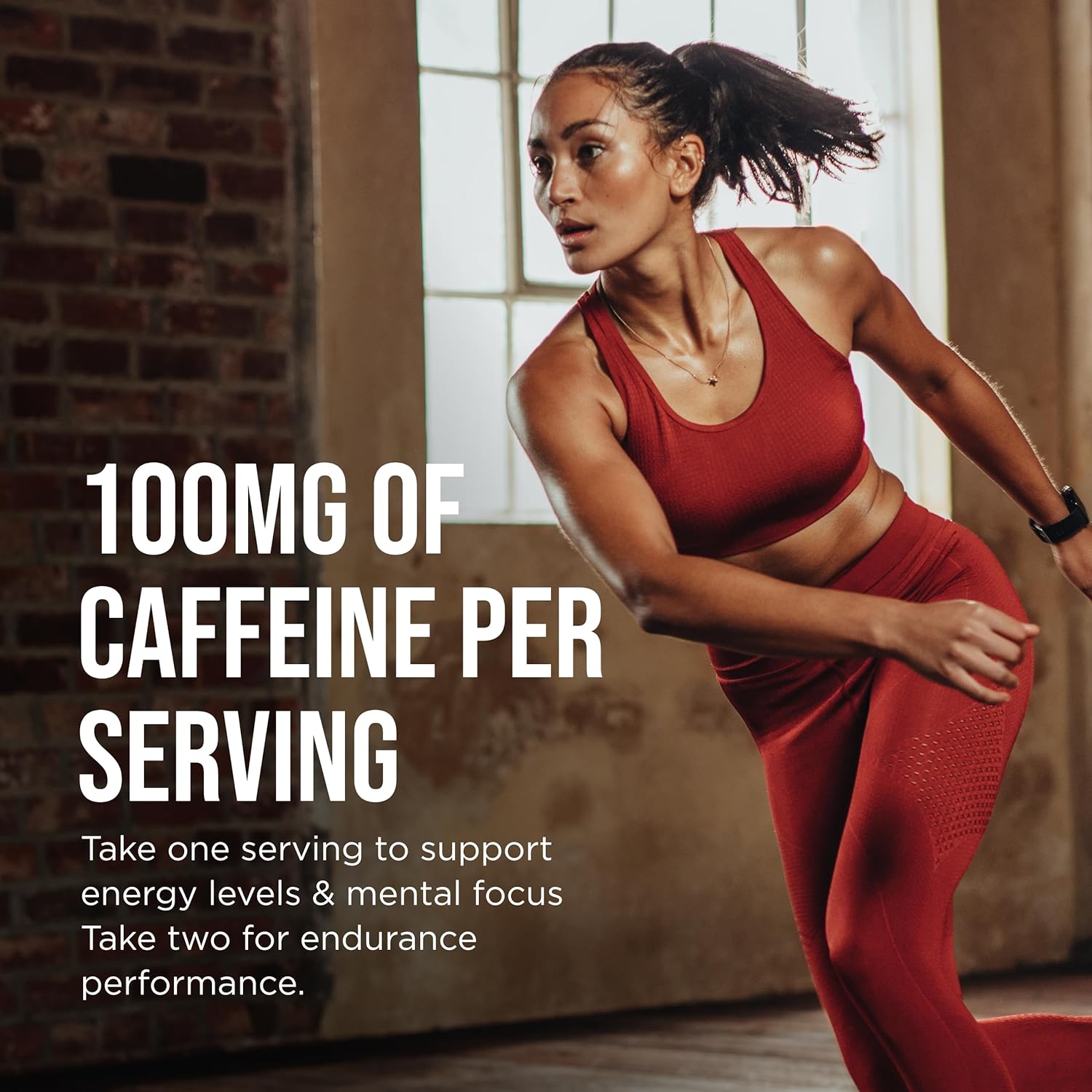 Woman in red athletic wear exercising with text about caffeine content and benefits.