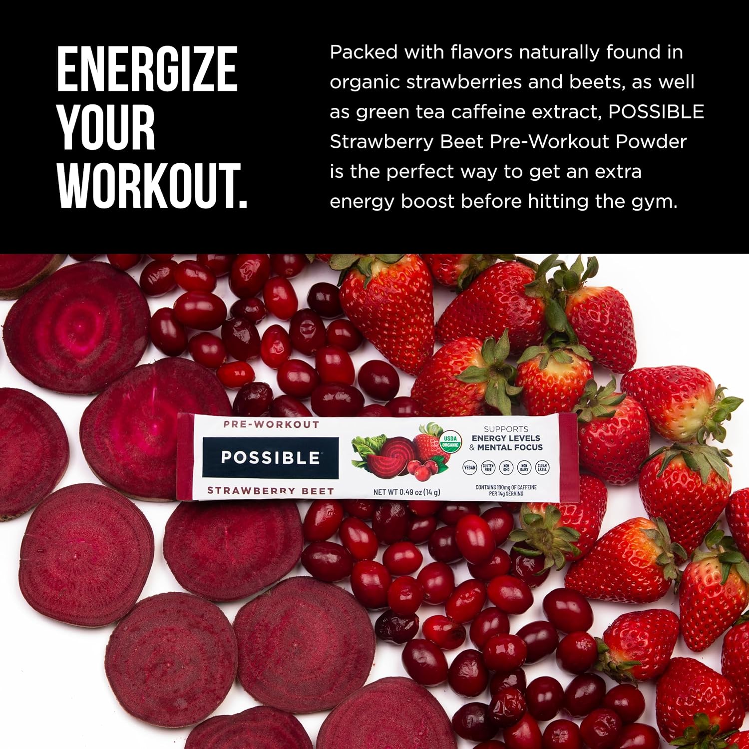 Pre-workout powder package with strawberries and beets on a white background