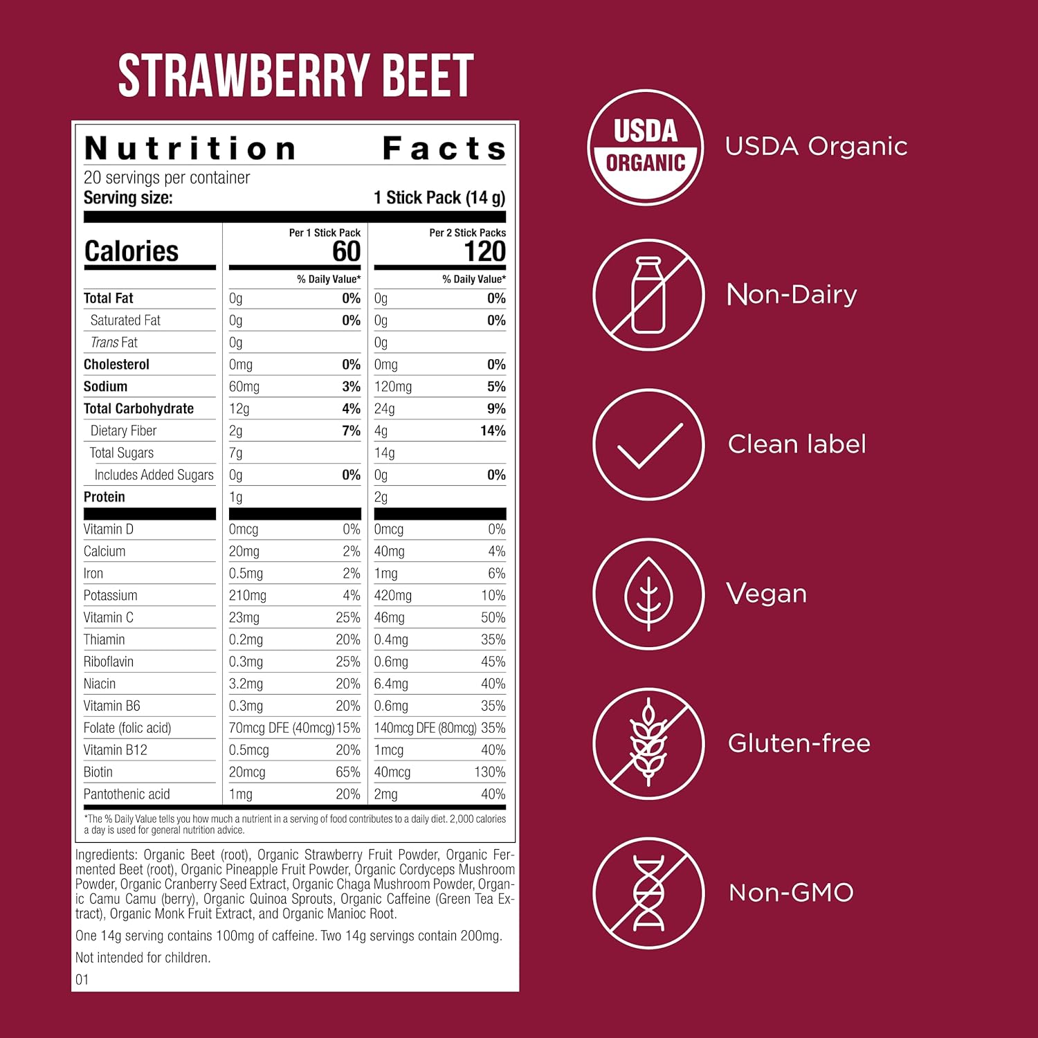 Close-up of POSSIBLE Pre-Workout Strawberry Beet nutrition label, listing organic ingredients and clean-label certifications