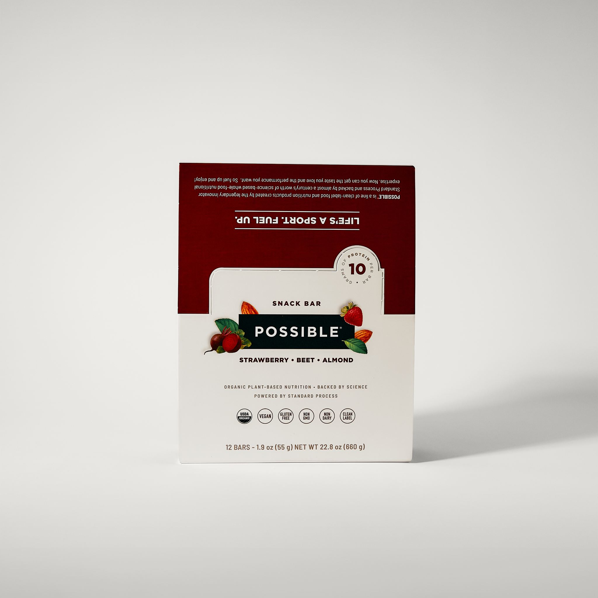 POSSIBLE Strawberry Beet Almond Snack Bar box packaging, emphasizing clean-label ingredients, plant-based protein, and whole food performance.