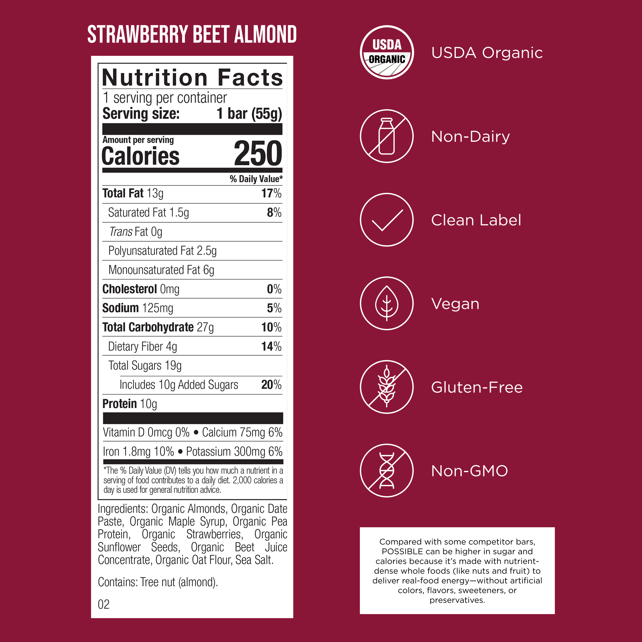 POSSIBLE Strawberry Beet Almond Snack Bar nutrition facts and certifications, showcasing 250 calories, 10g protein, USDA organic, non-GMO, and vegan-friendly ingredients.