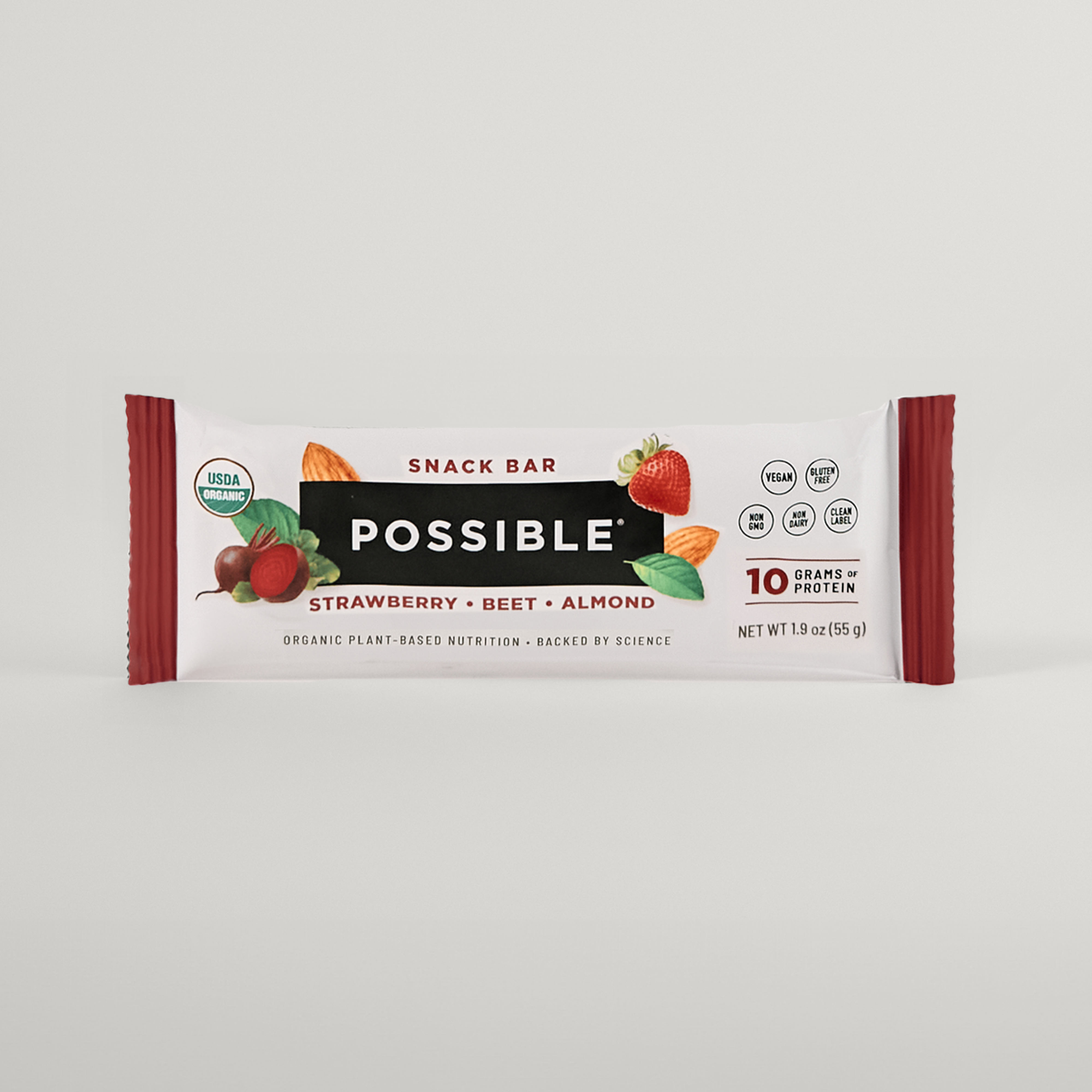 POSSIBLE Strawberry Beet Almond Snack Bar in packaging, highlighting USDA organic certification, non-GMO, and 10 grams of plant-based protein.