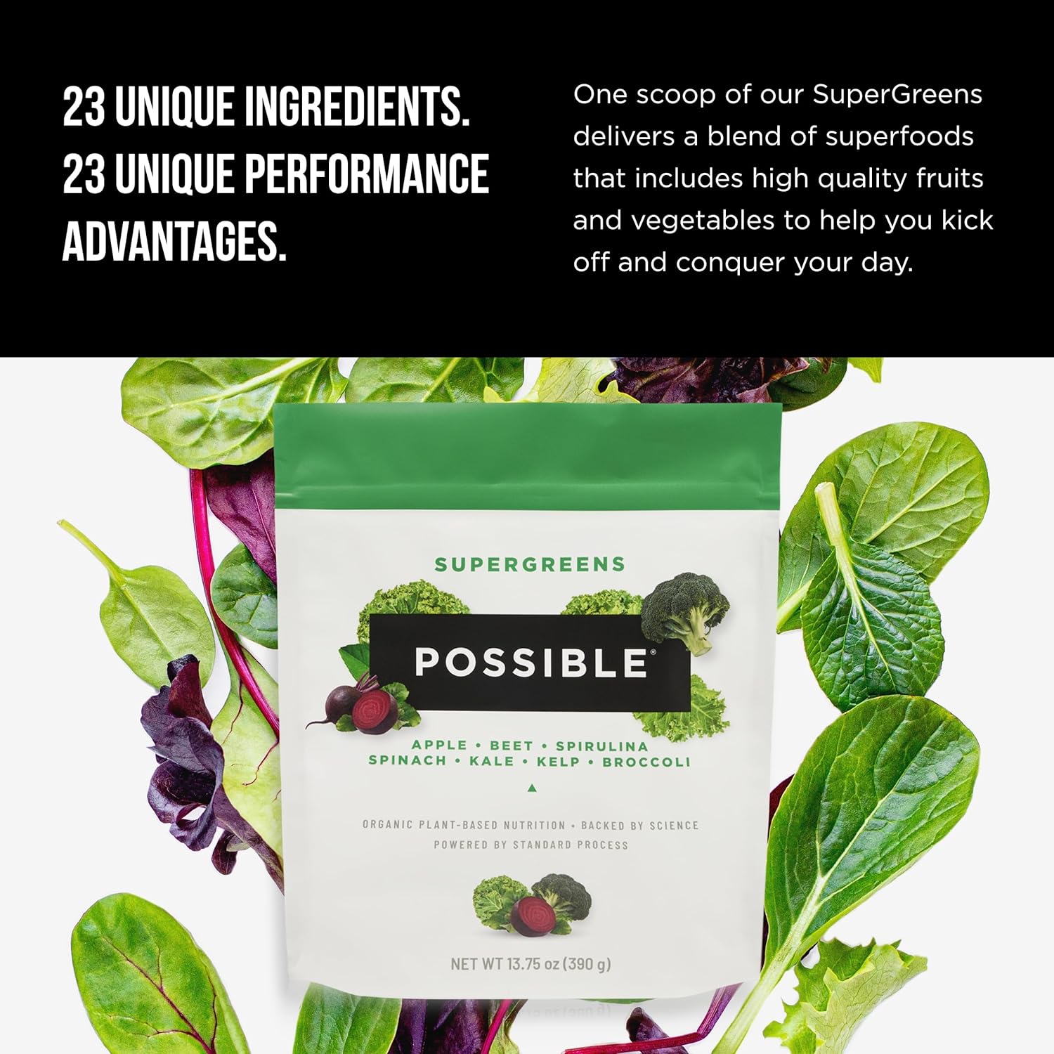 Supergreens package with green leaves on a white background