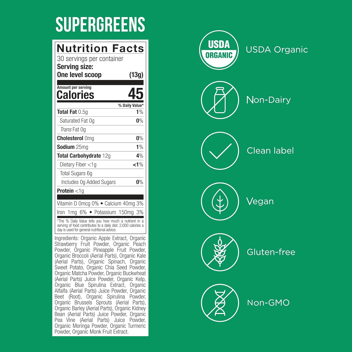 A nutrition facts and ingredients panel for POSSIBLE Supergreens, displayed on a green background, providing detailed information on its superfood blend