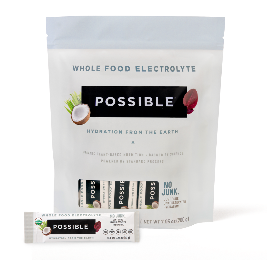 Whole food electrolyte package with 'Possible' branding on a white background