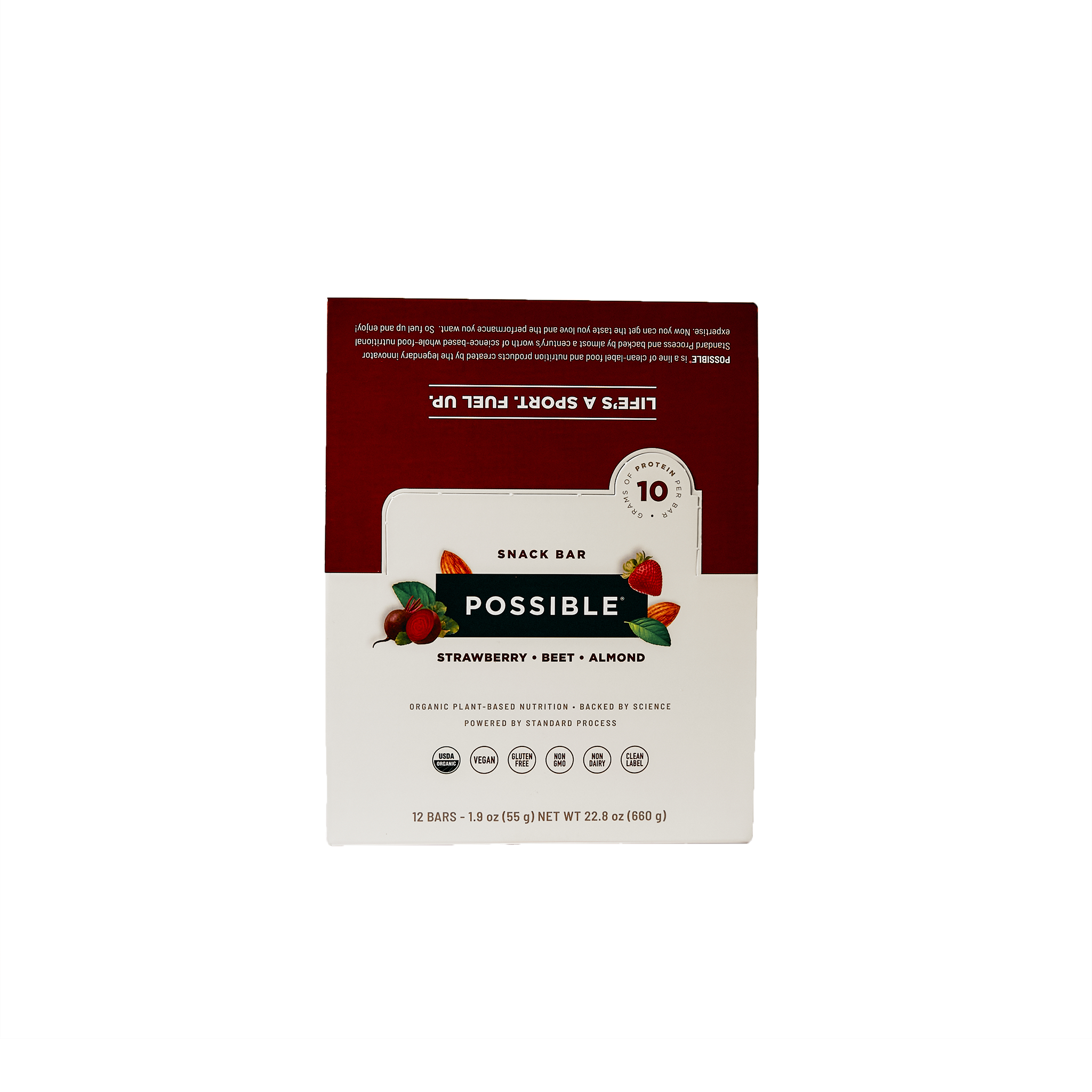 A strawberry beet snack bar boxed packaging of bars with an organic and nutritional focus.