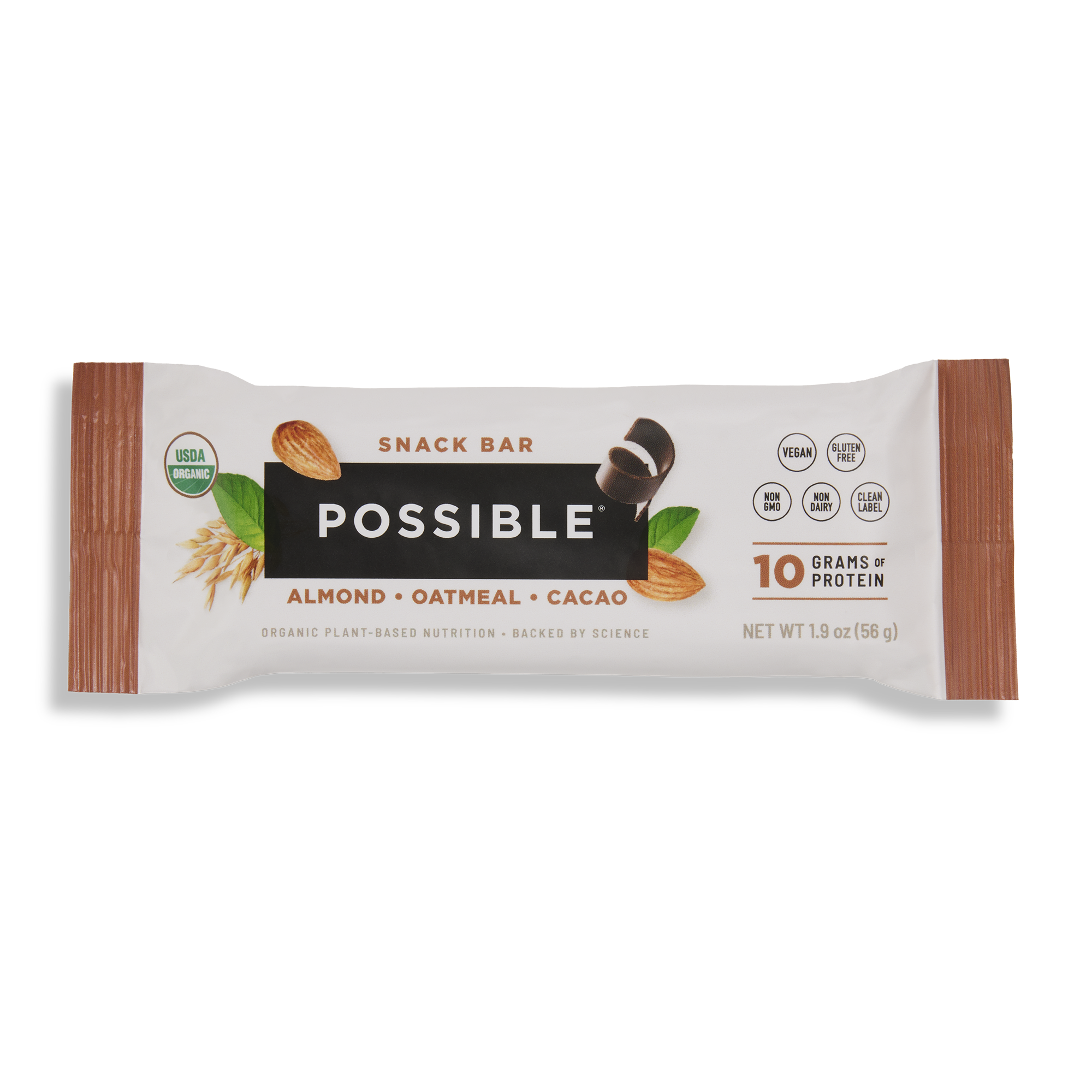 POSSIBLE Almond Oatmeal Cacao Snack Bar in packaging, highlighting 10 grams of plant-based protein, organic ingredients, and a clean label.