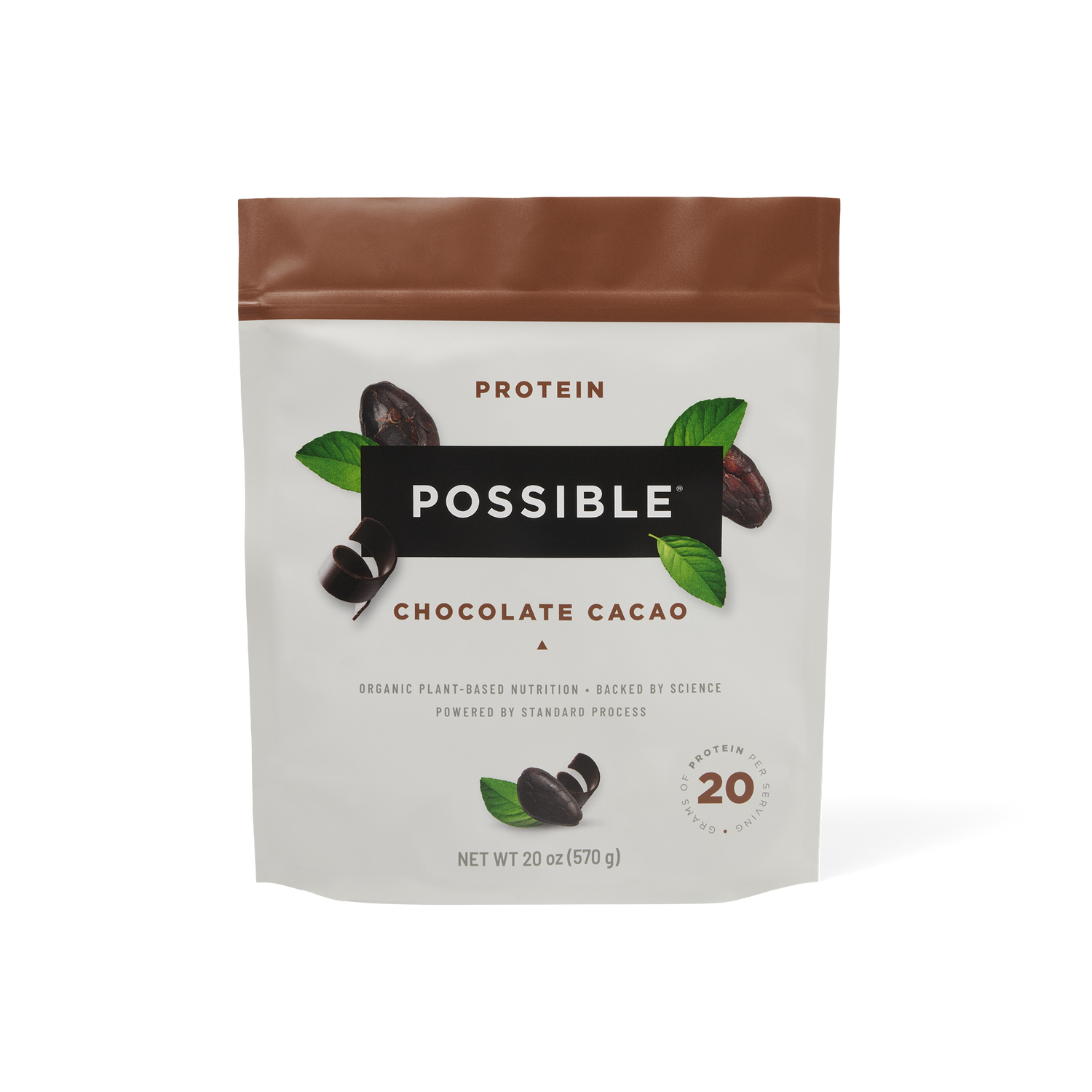 Single pouch of Possible Chocolate Cacao Protein Powder with a premium design emphasizing plant-based nutrition.