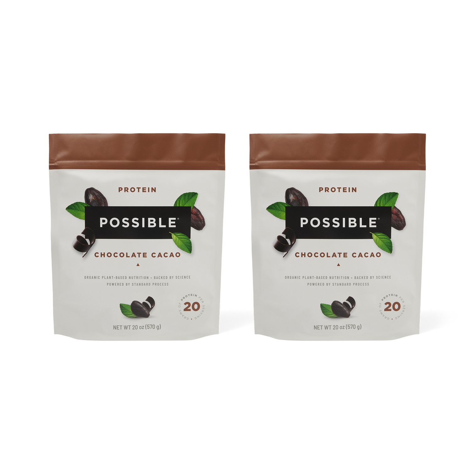 Two pouches of Possible Chocolate Cacao Protein Powder with a clean, modern design featuring plant-based ingredients.