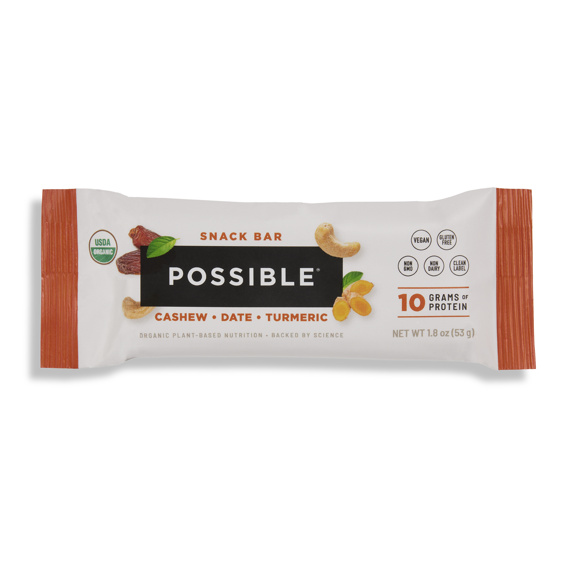 Cashew Date Turmeric | POSSIBLE Cashew Date Turmeric Snack Bar in its packaging, featuring 10g of plant-based protein, organic ingredients, and a clean label.
