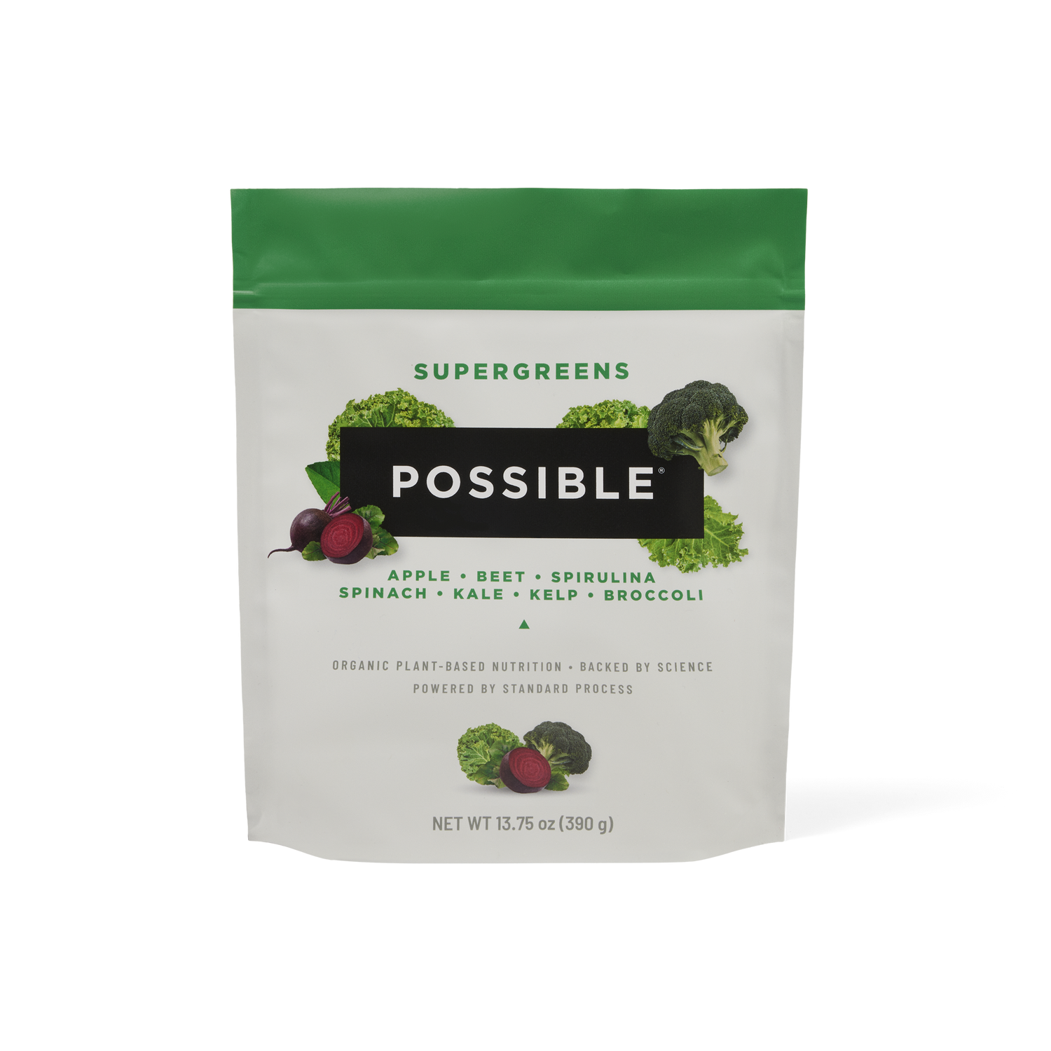 A resealable pouch of POSSIBLE Supergreens powder with a green and white design, featuring images of leafy greens and berries, promoting plant-based nutrition