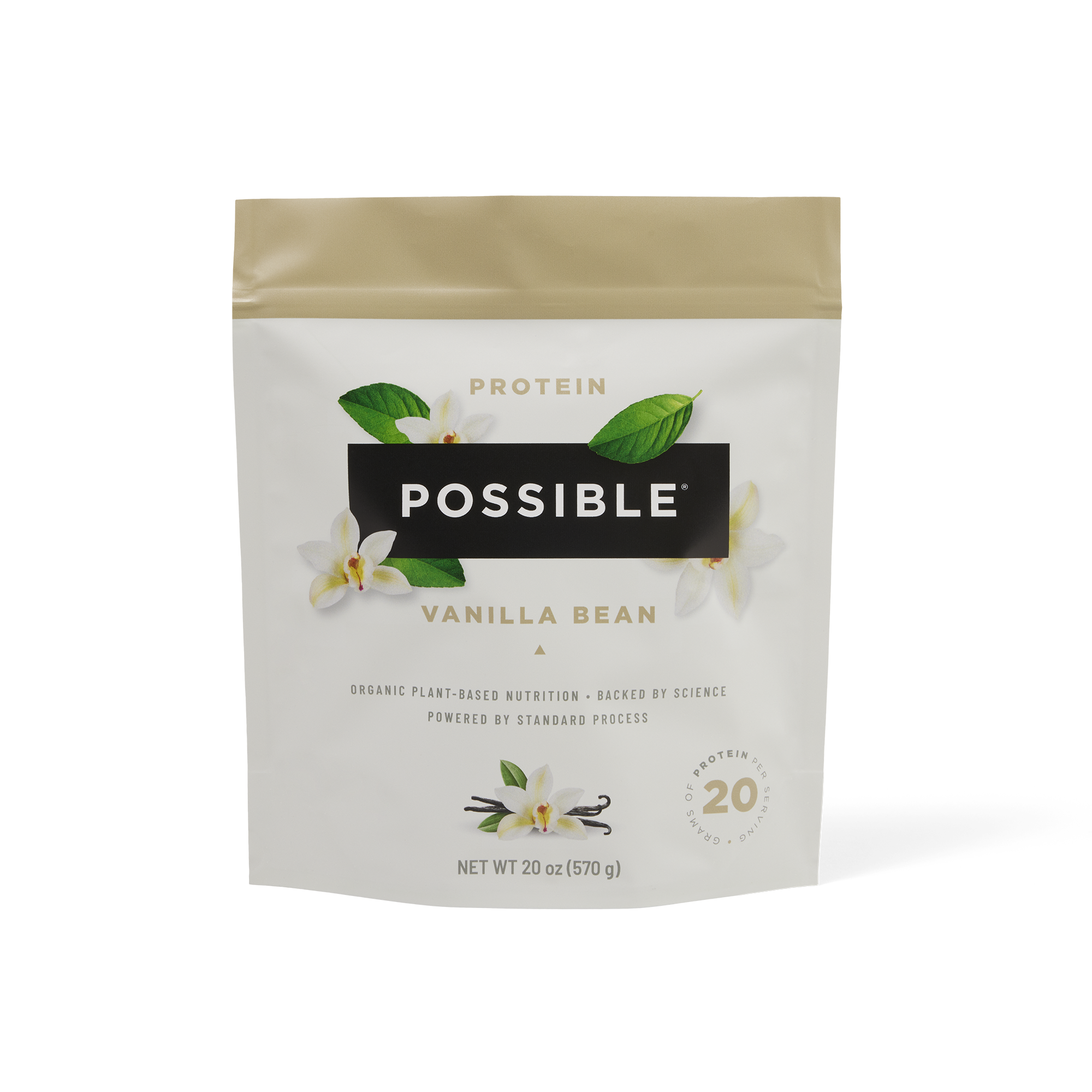 Single pouch of Possible Vanilla Bean Protein Powder with a minimalist, organic-inspired design.