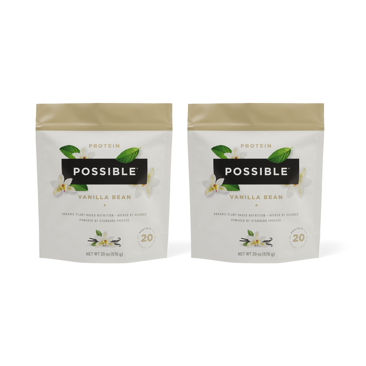 Two pouches of Possible Vanilla Bean Protein Powder with premium plant-based ingredients and a minimalist design.